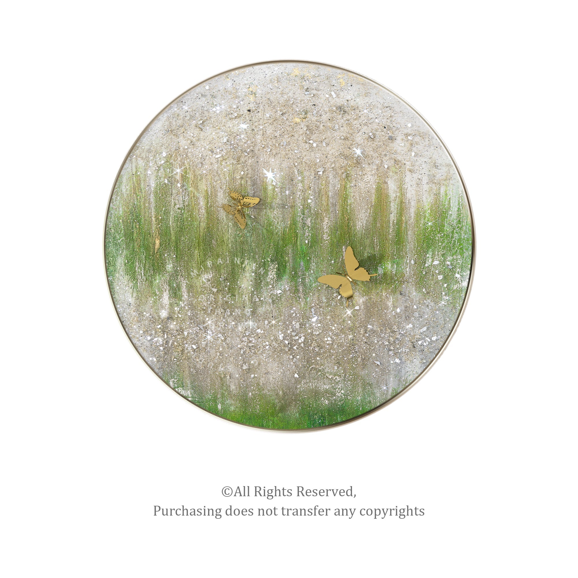 Sage-colored crushed glass wall art in circular shape, adding light and texture.