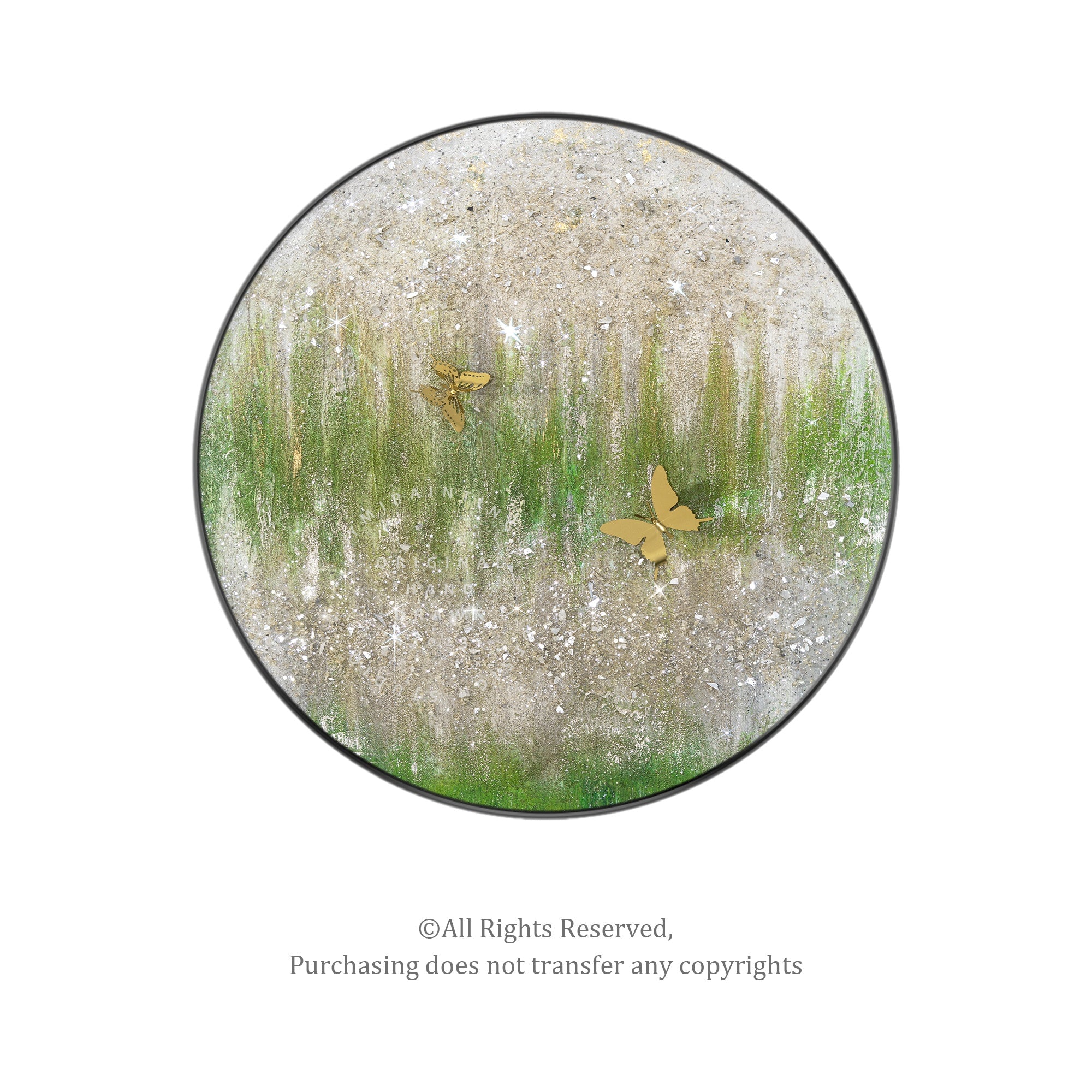 Framed sage green glitter painting with silver sparkle and modern composition.