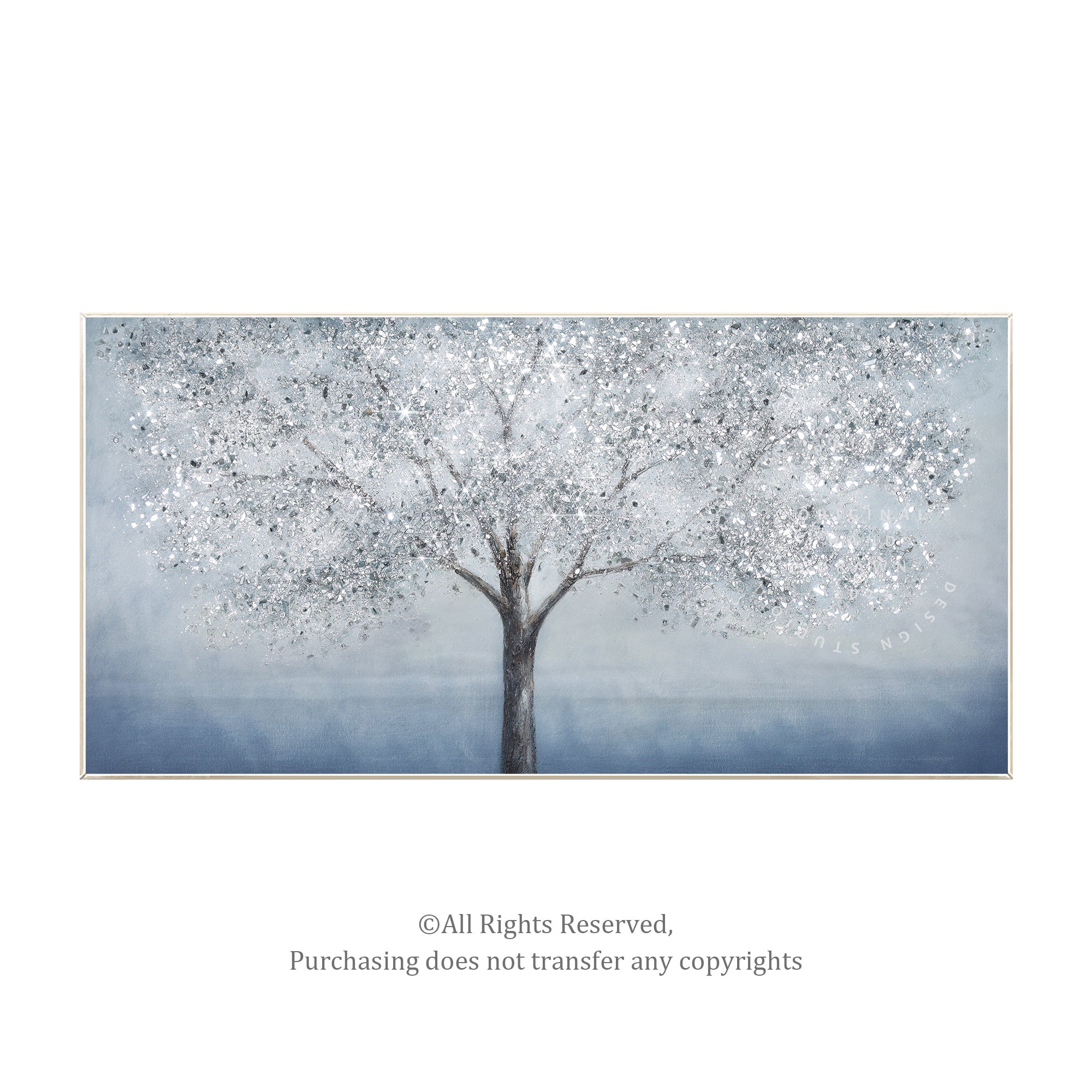 Large original blue tree painting with silver glitter accents, featuring 3D textured canvas and glamorous framed art.