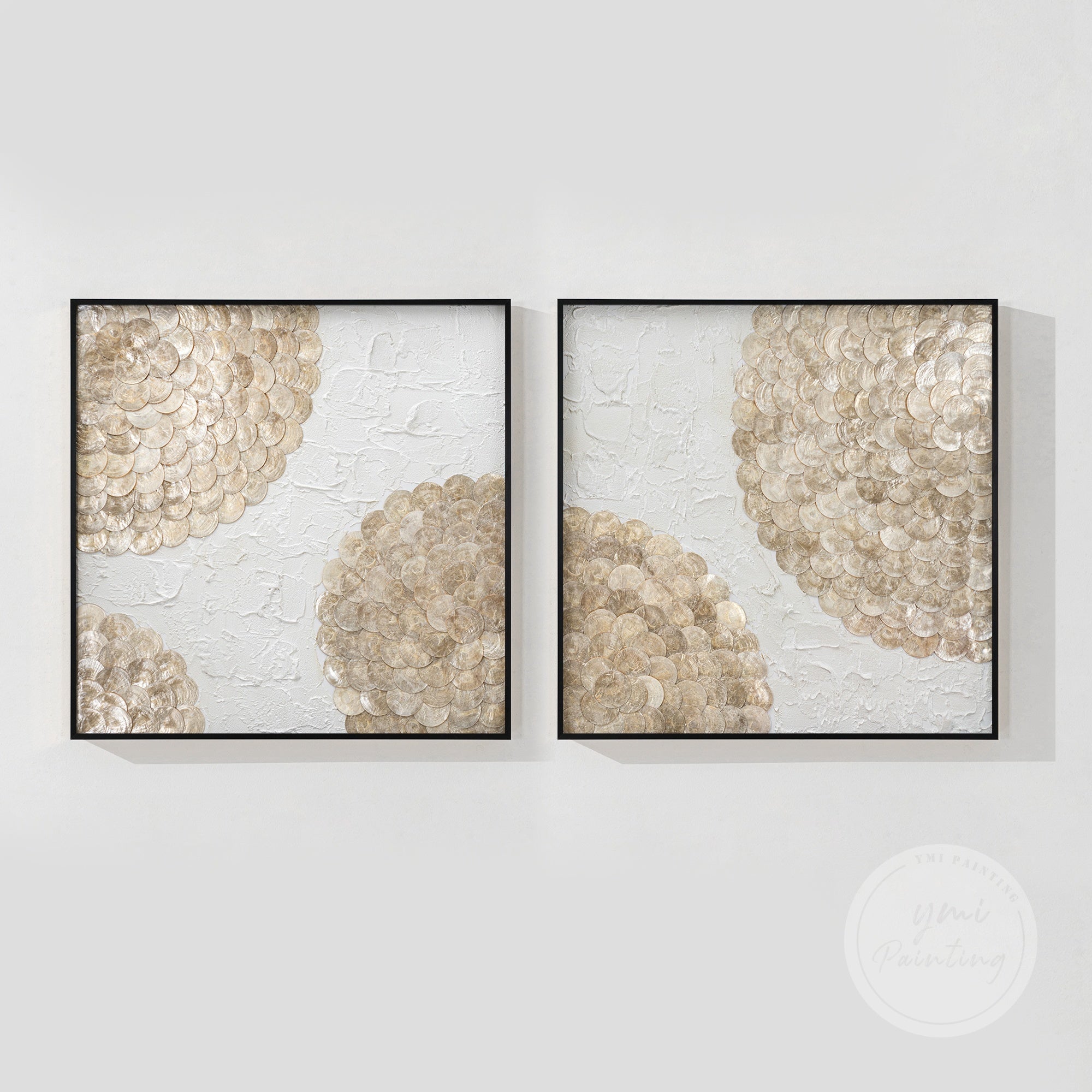Handmade sea shell art in soft beige palette, emphasizing nature and sophistication.