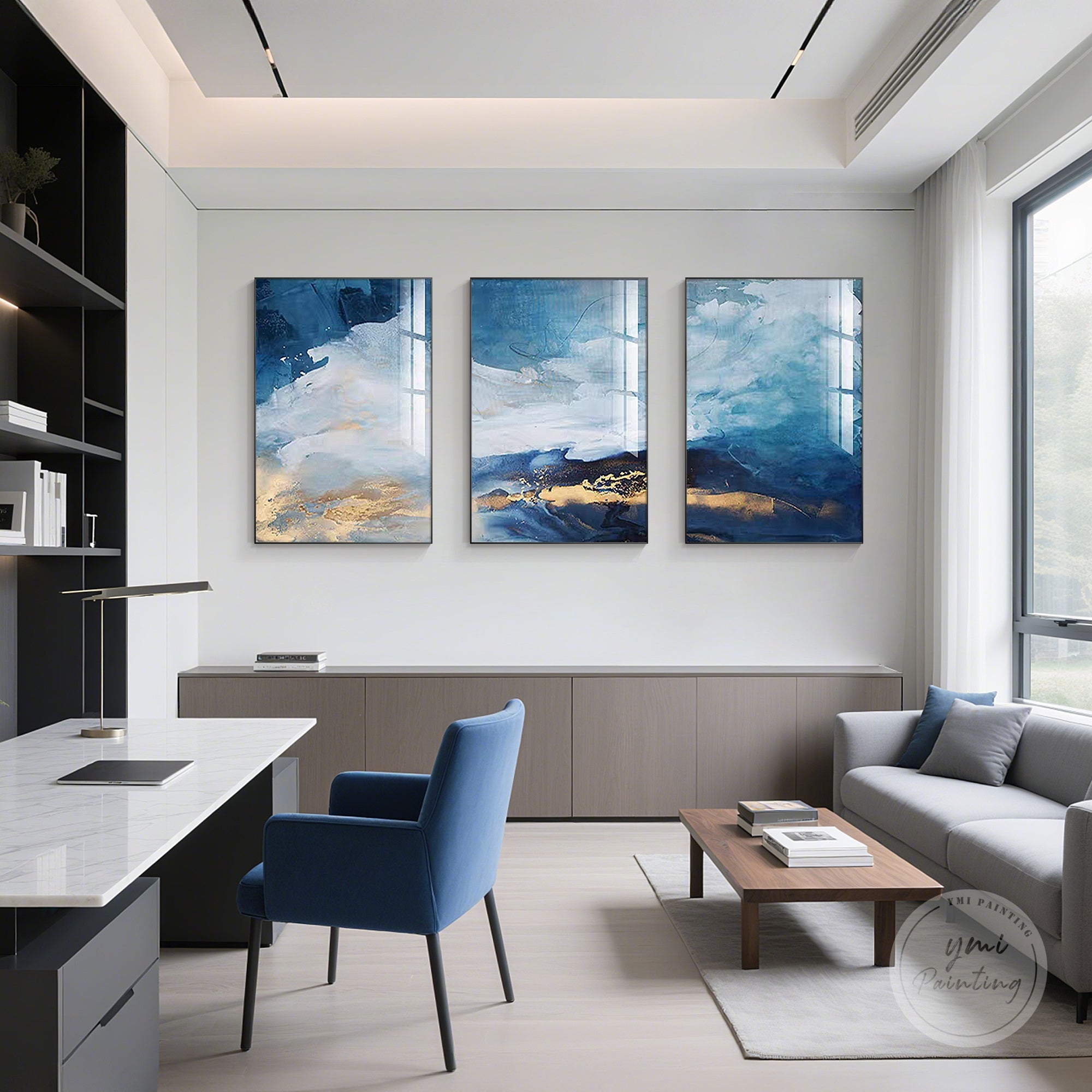 Three-piece abstract art set featuring dynamic teal and blue tones for a dramatic effect.