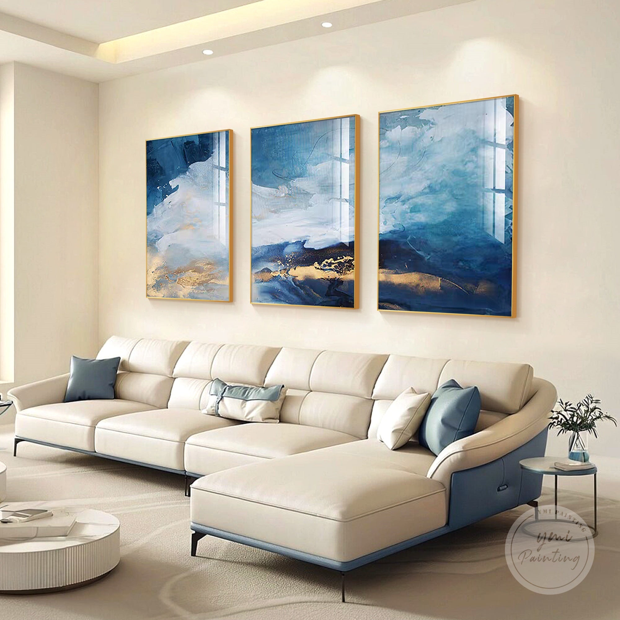 Elegant teal blue abstract paintings for living rooms, bedrooms, or offices.