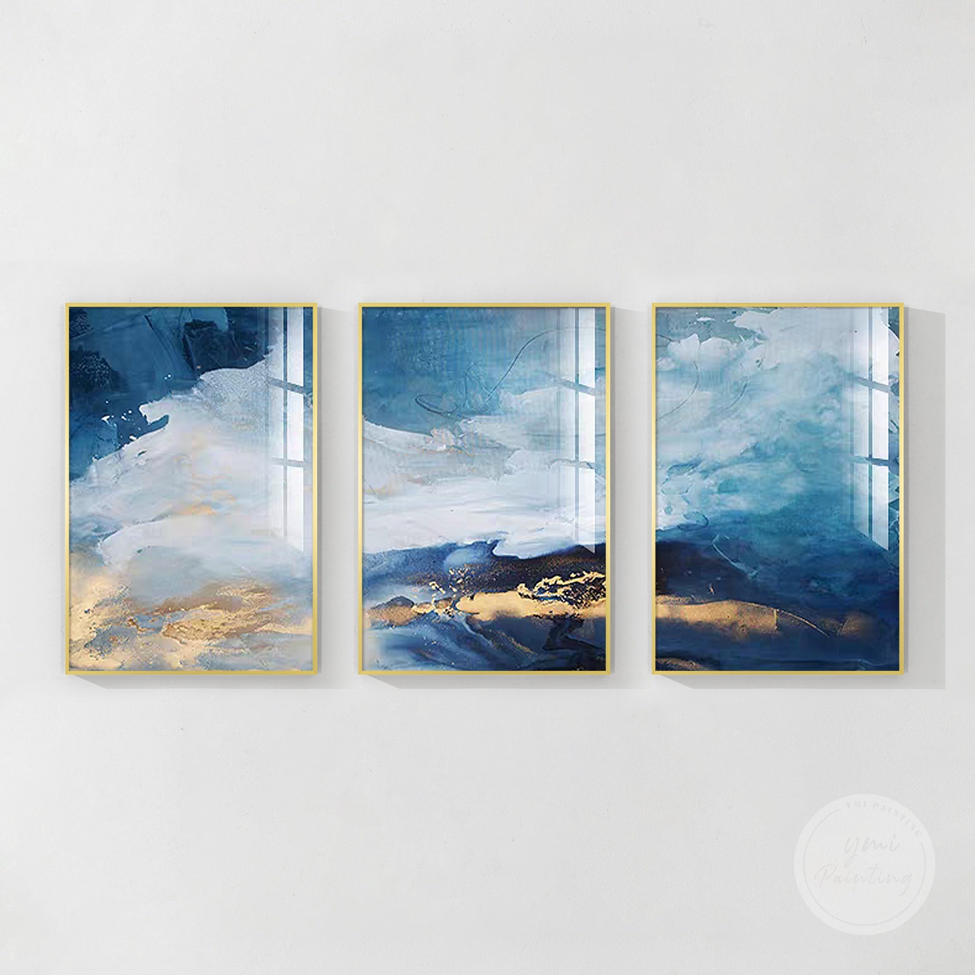 Handcrafted abstract art set with deep teal and blue tones, ideal for upscale interiors.