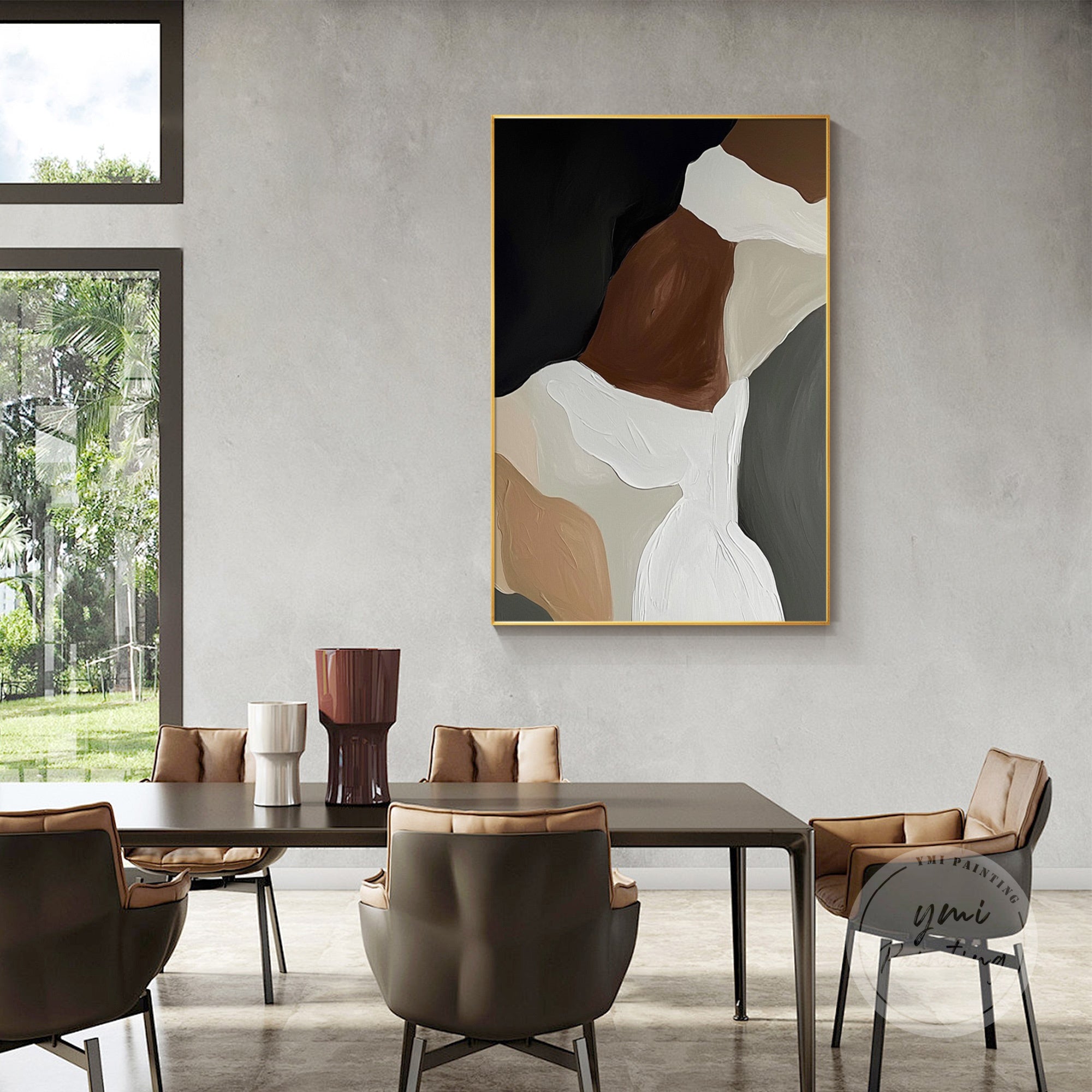 Contemporary canvas painting with layered brown, black, gray, and beige.
