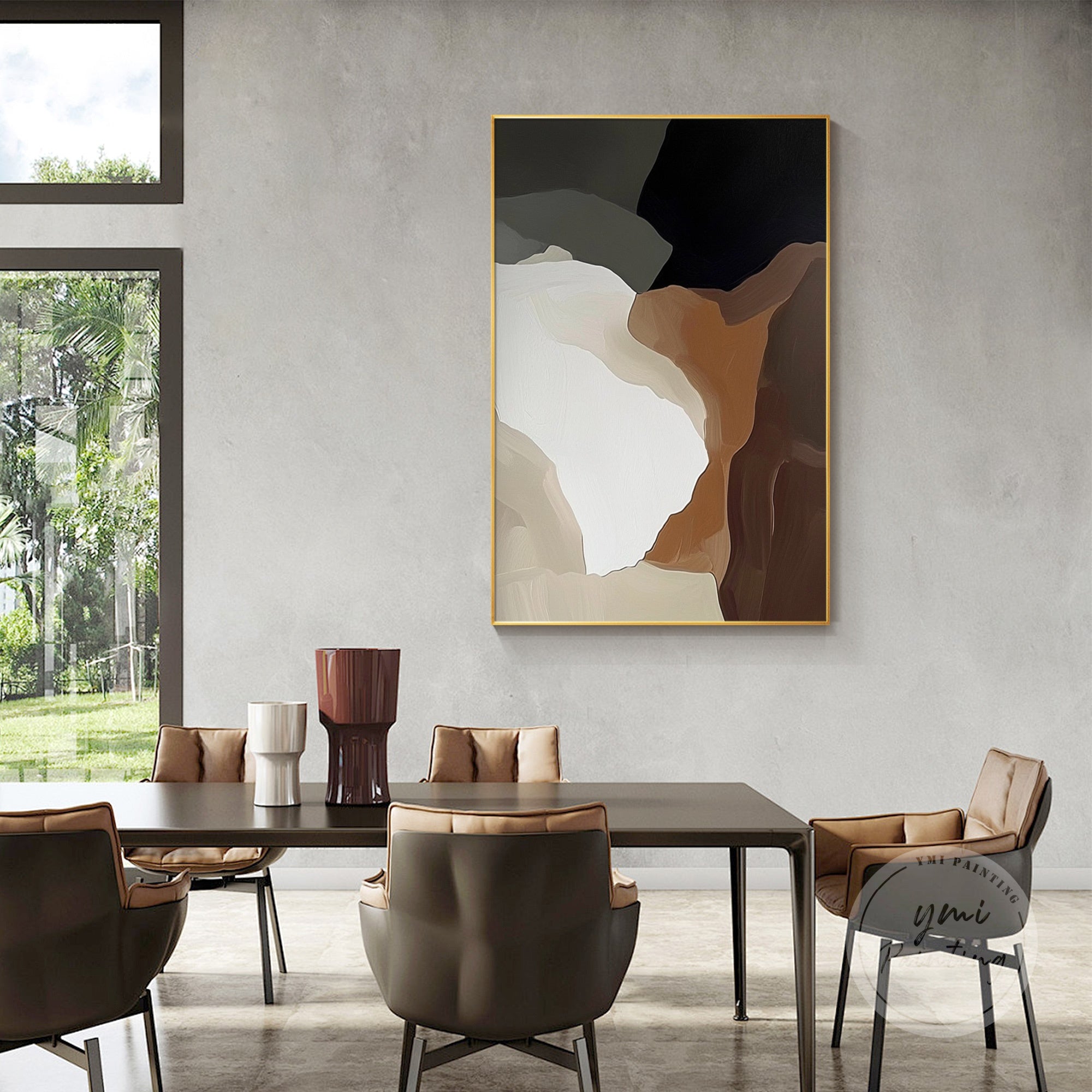 Contemporary abstract painting with layered beige, gray, and ivory shades.