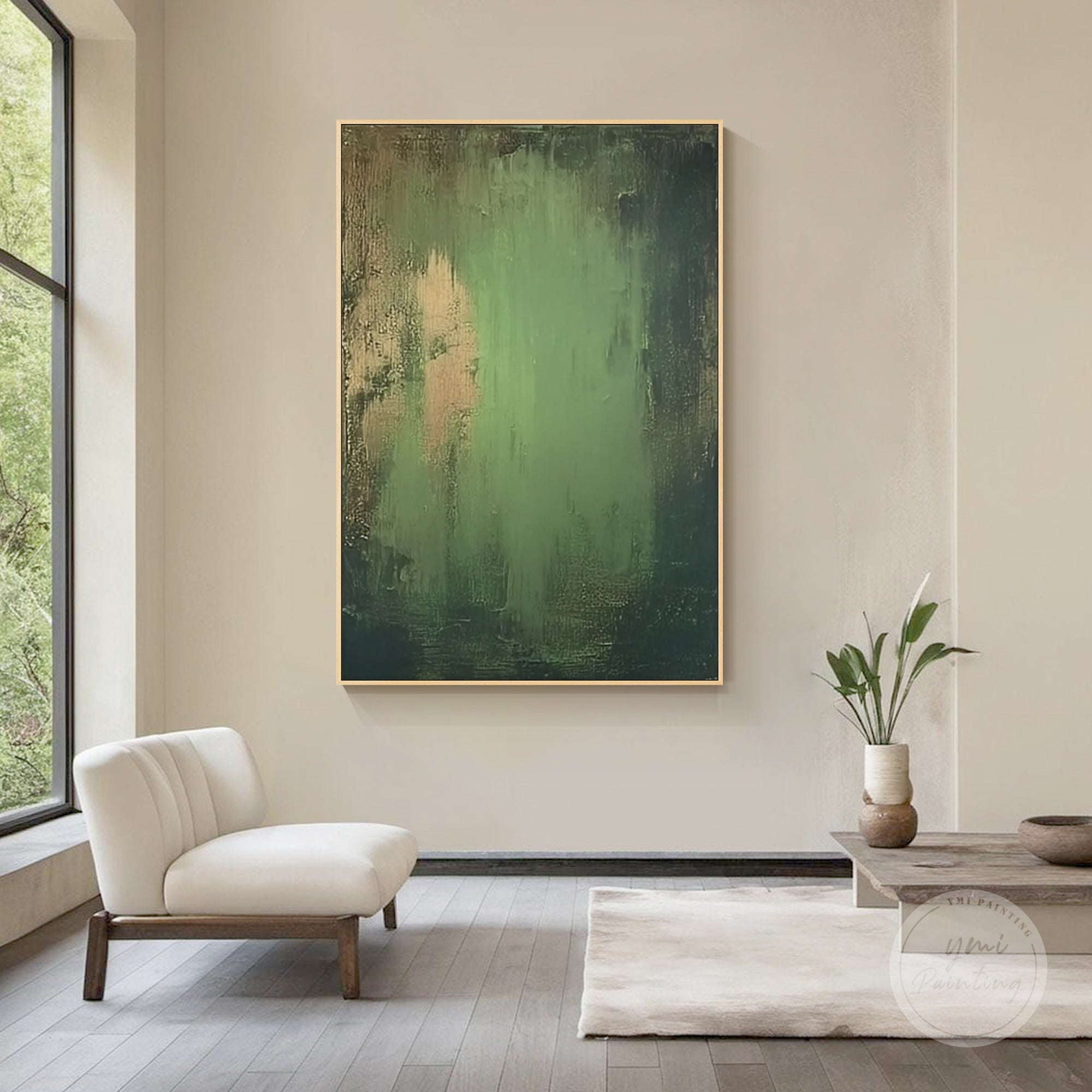 Emerald green and gold abstract painting with metallic finish