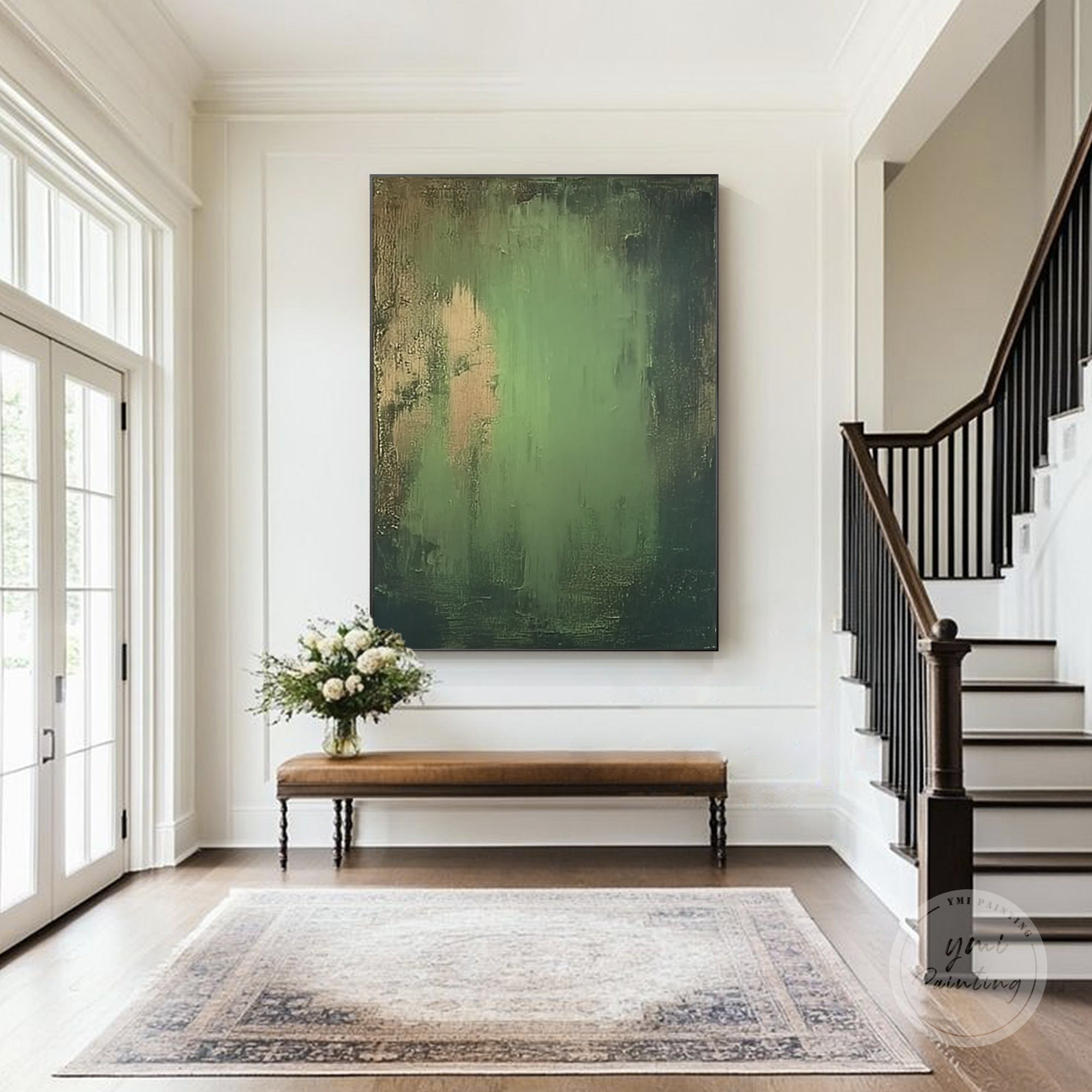 Luxury emerald green canvas art with gold accents