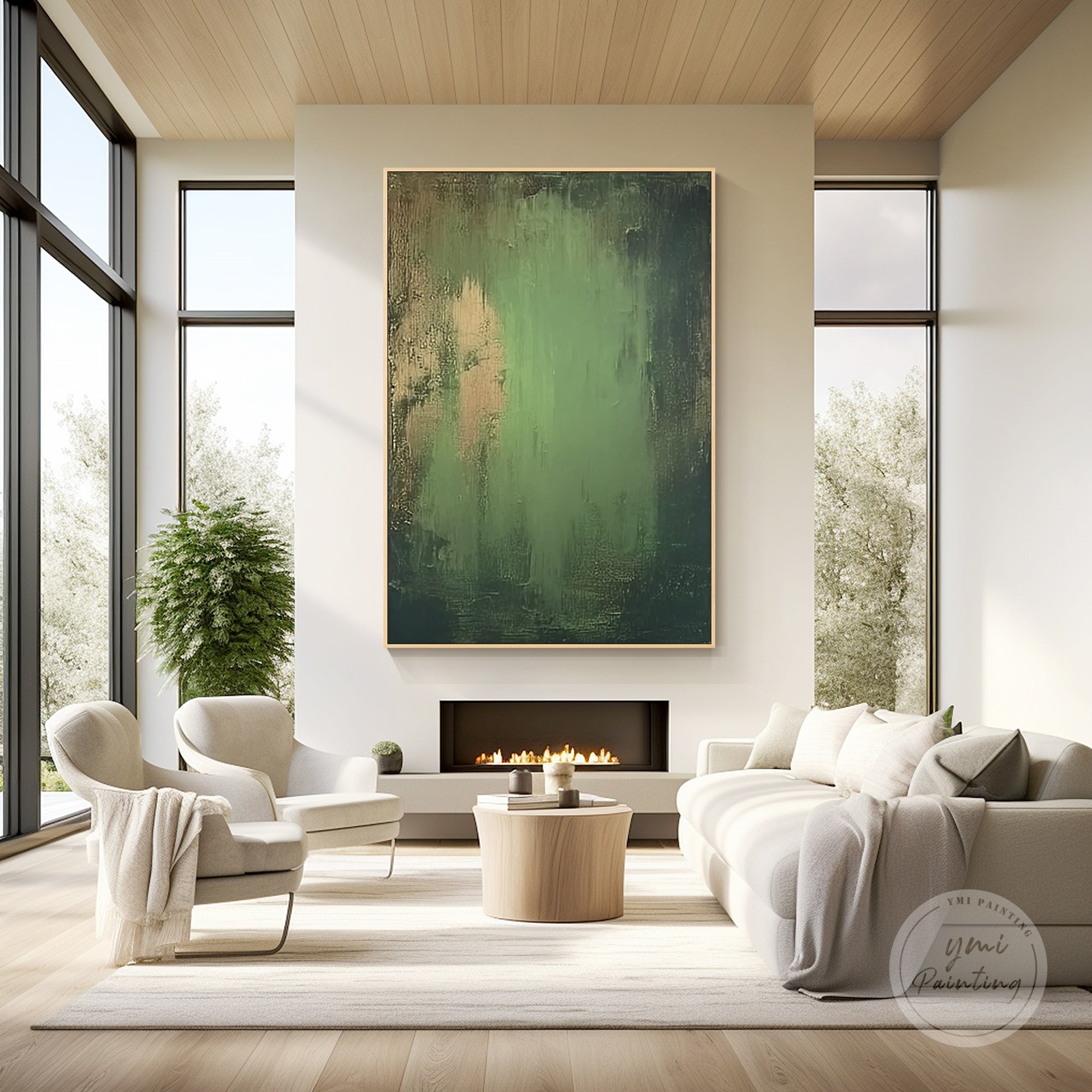 Large abstract green and gold wall art for living room