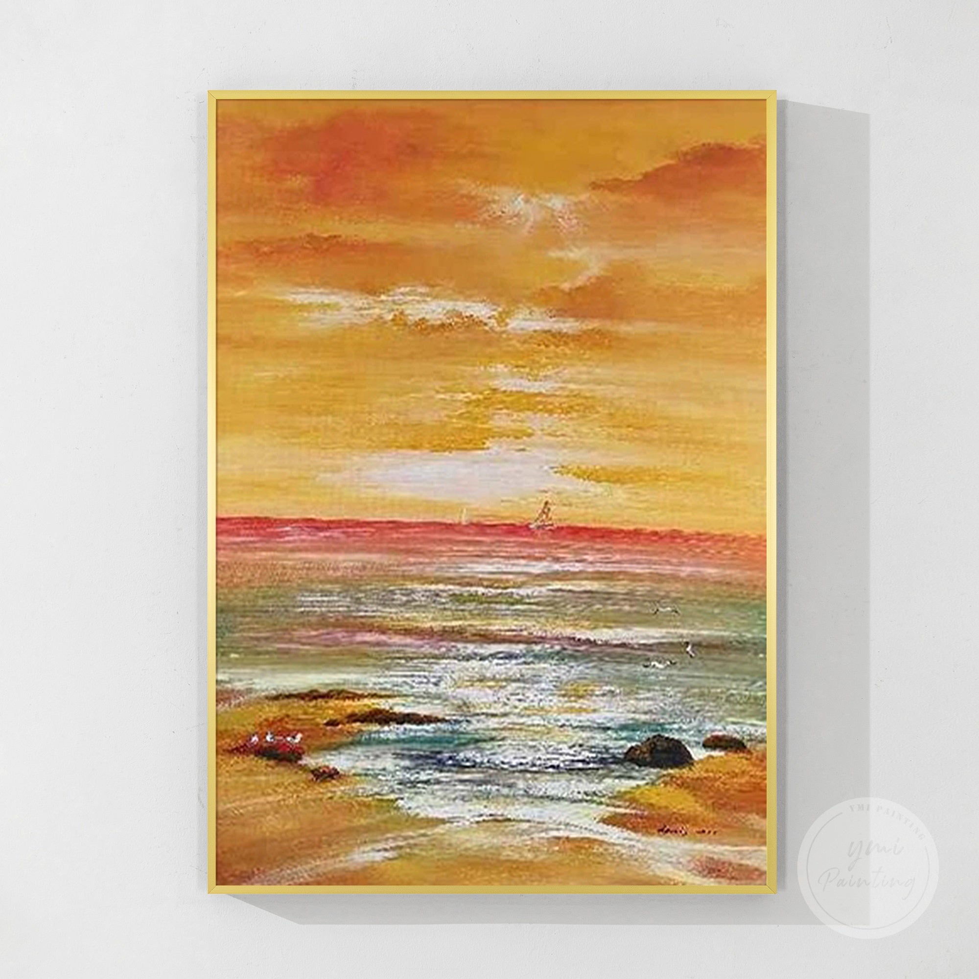 handcrafted impasto seascape painting with dramatic sunset sky
