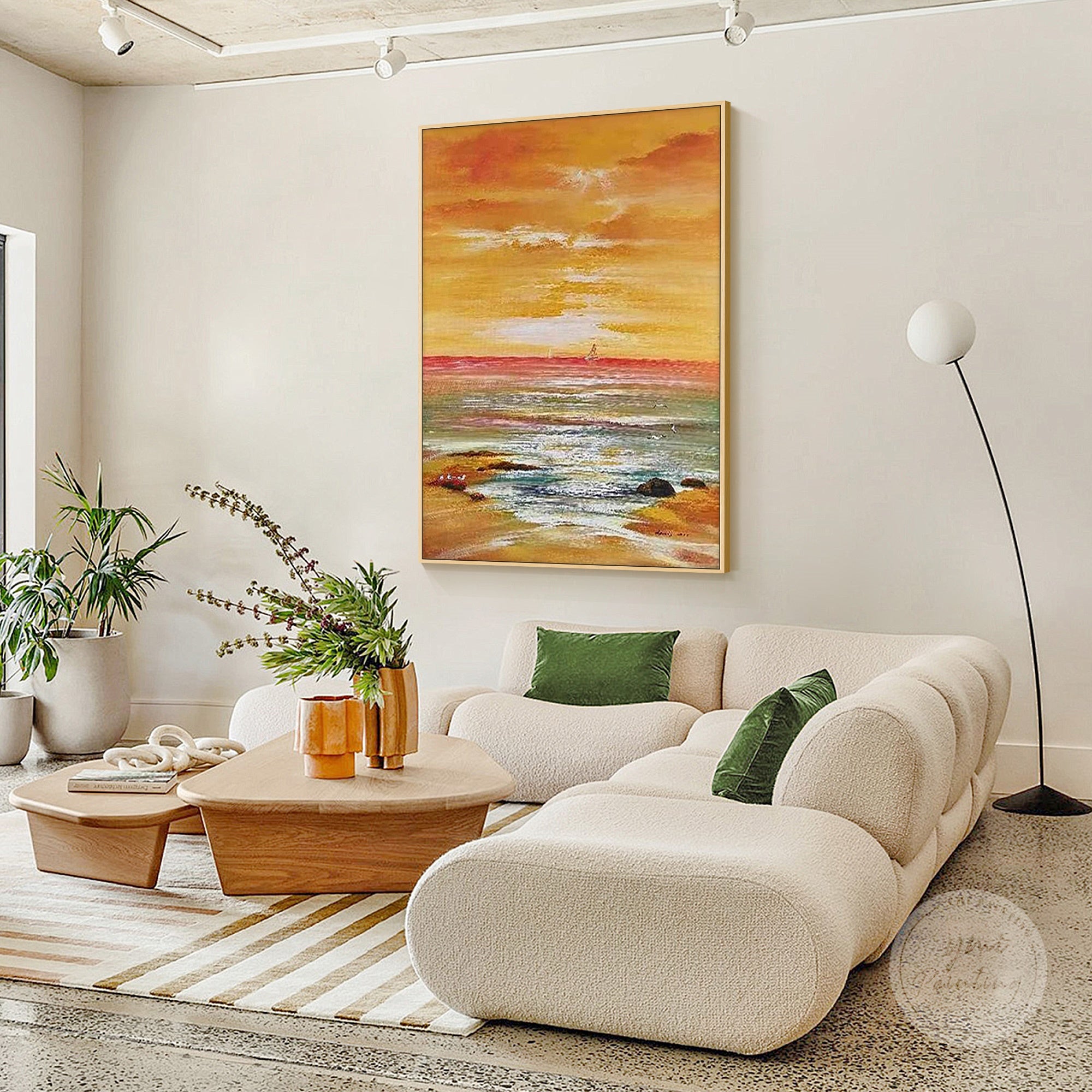 palette knife seascape painting featuring warm sunset colors