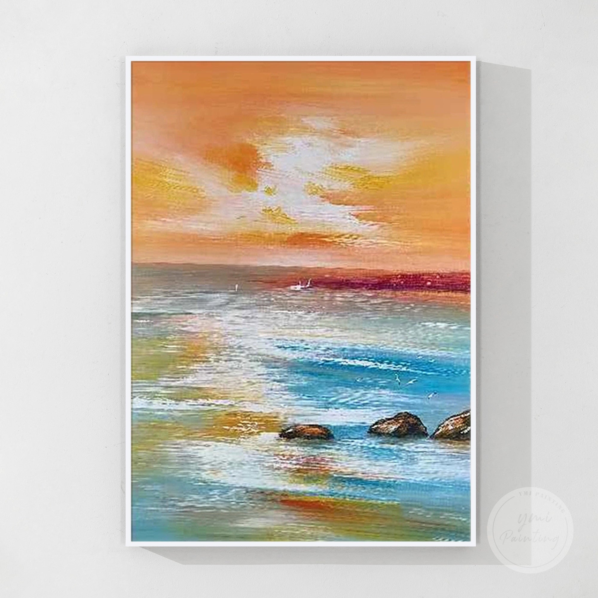 sunset beach landscape wall art with rocks and warm evening light