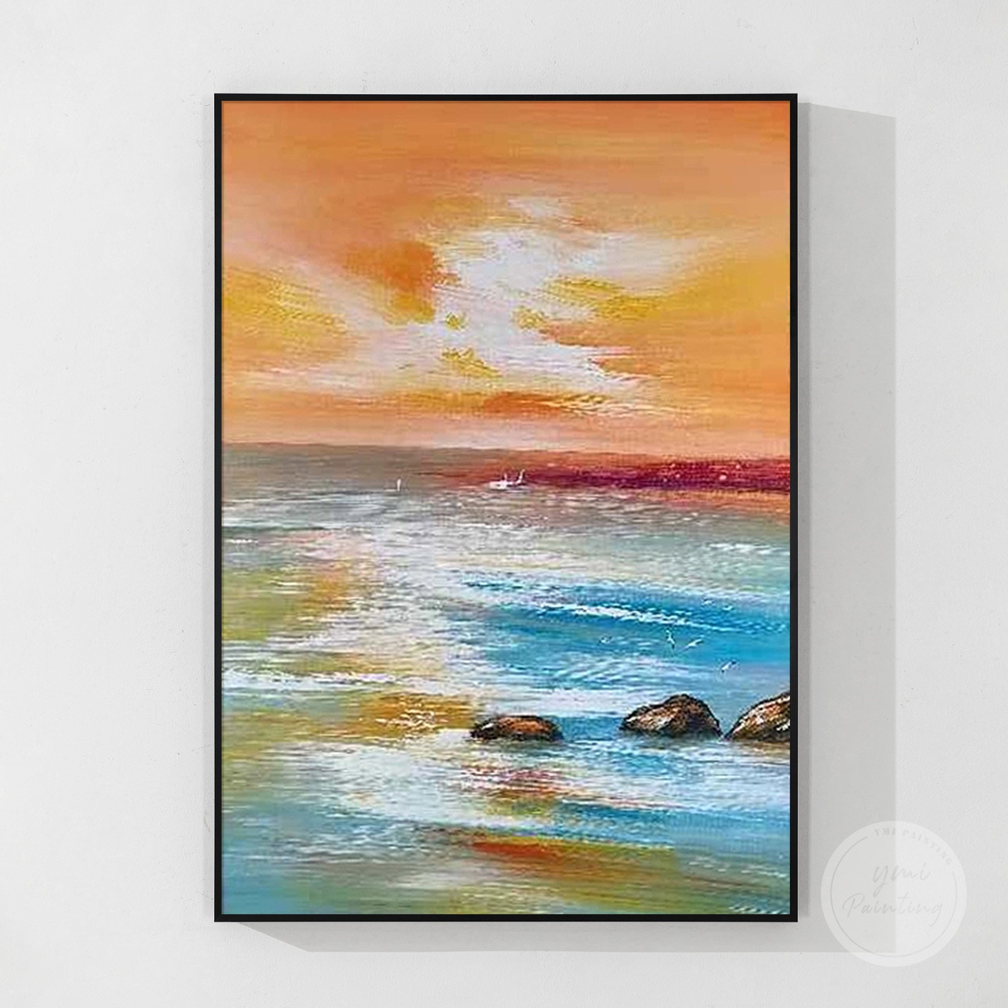 handcrafted impasto seascape painting with dramatic sky gradients
