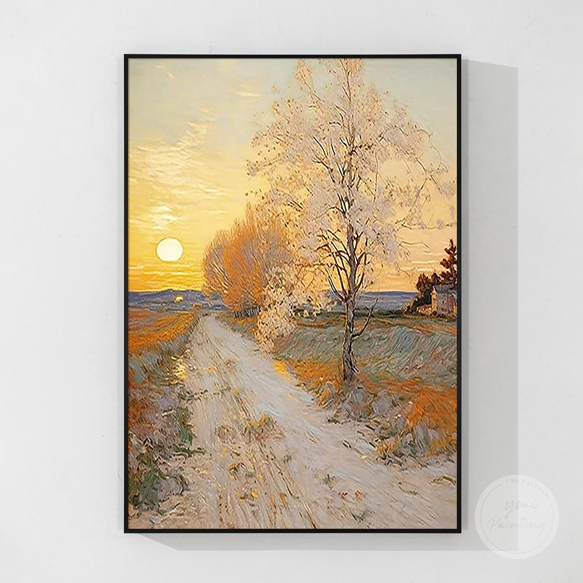 Modern landscape wall art featuring a striking metallic gold tree.