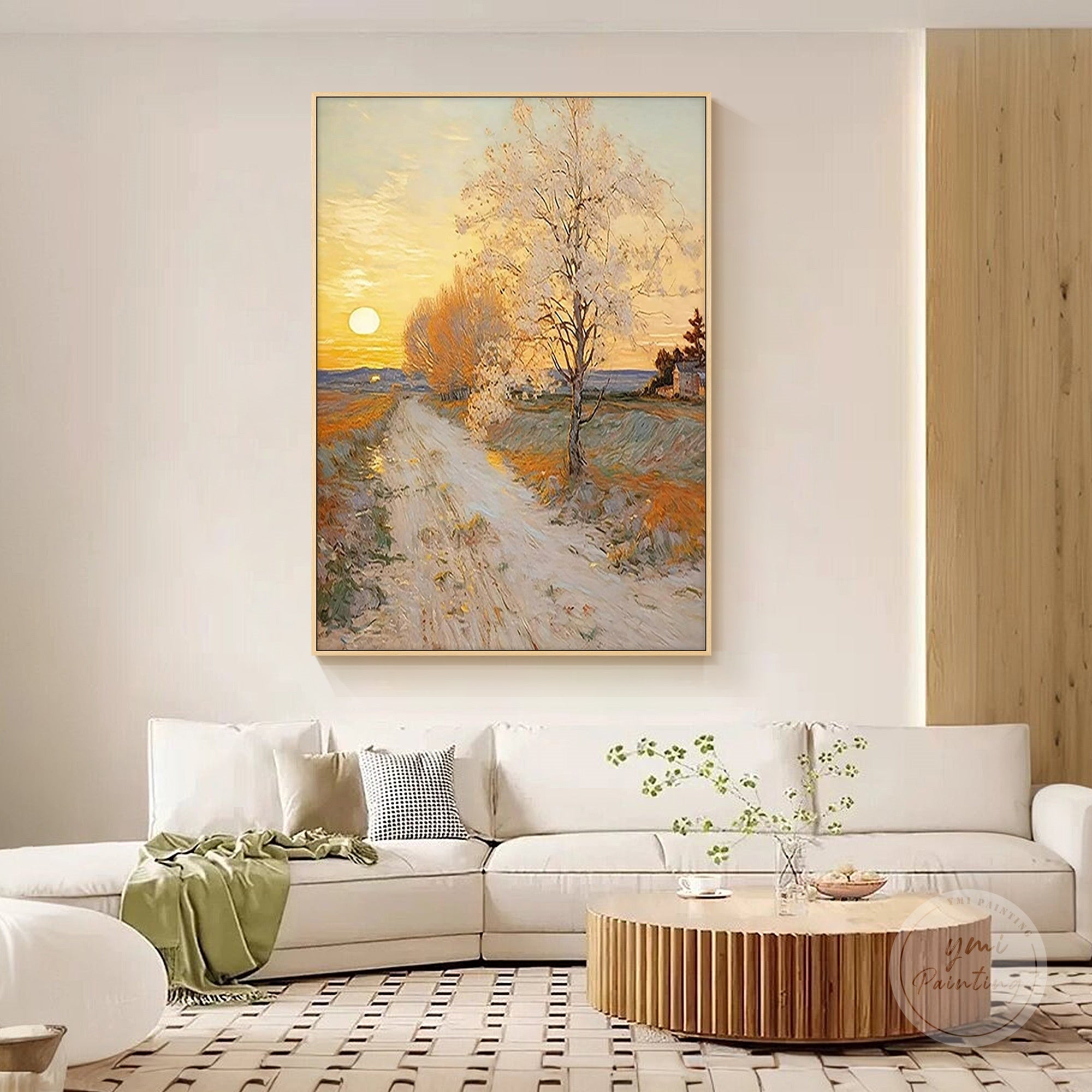 Gold leaf–inspired tree painting on large vertical canvas for luxury decor.