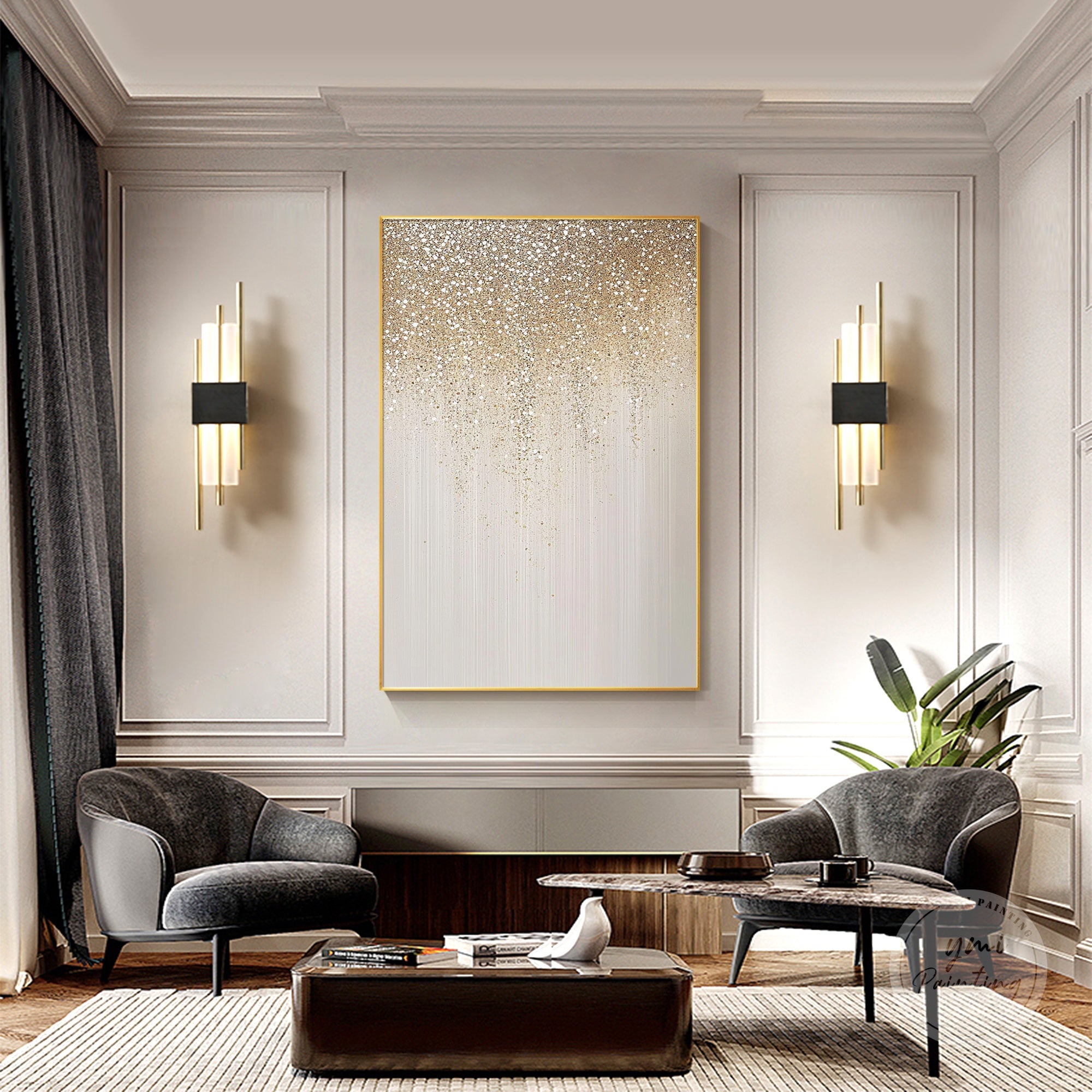 Textured glitter canvas with bling effects for stylish contemporary spaces.