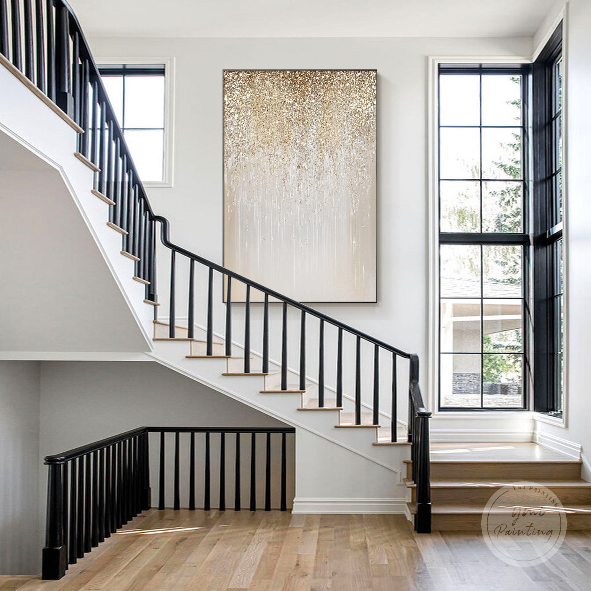 Beige gold glitter canvas artwork for modern elegant interiors.