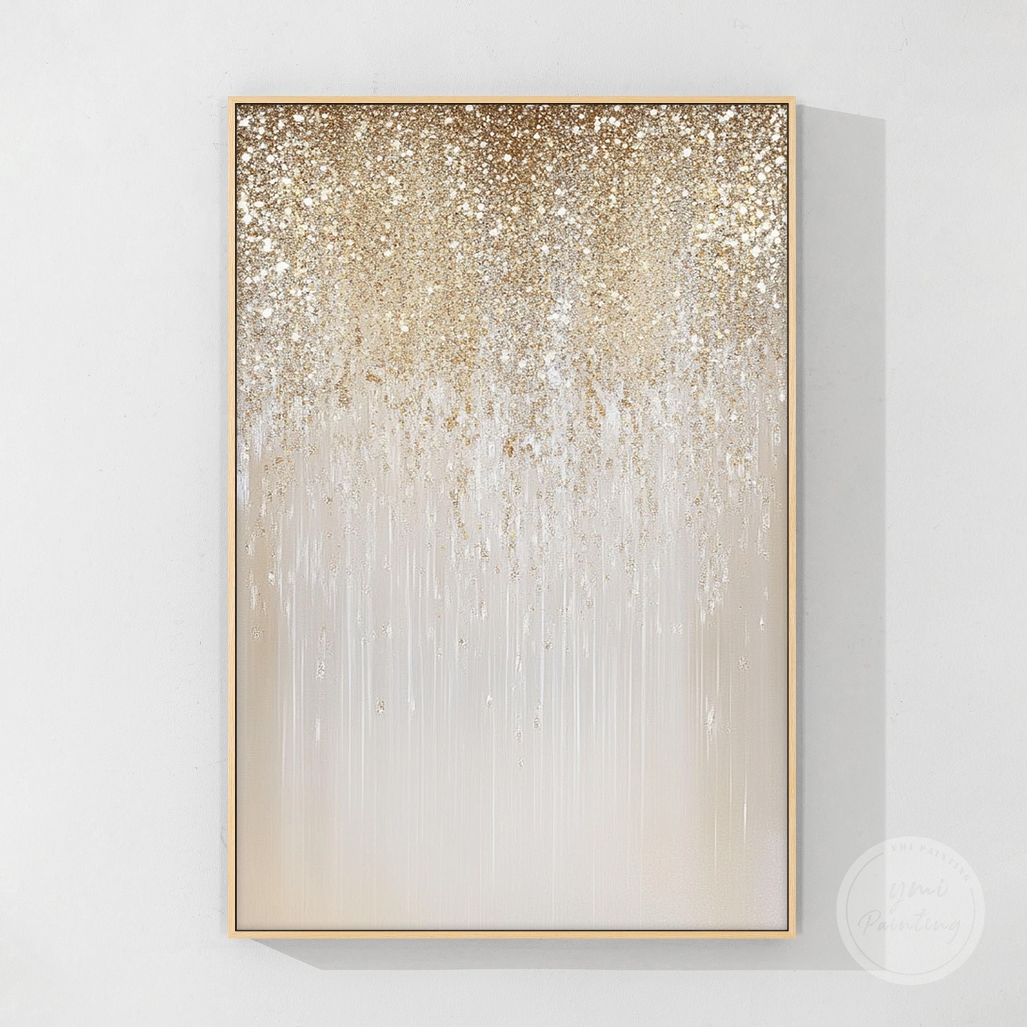 Abstract glam wall art designed with gold sparkle patterns.