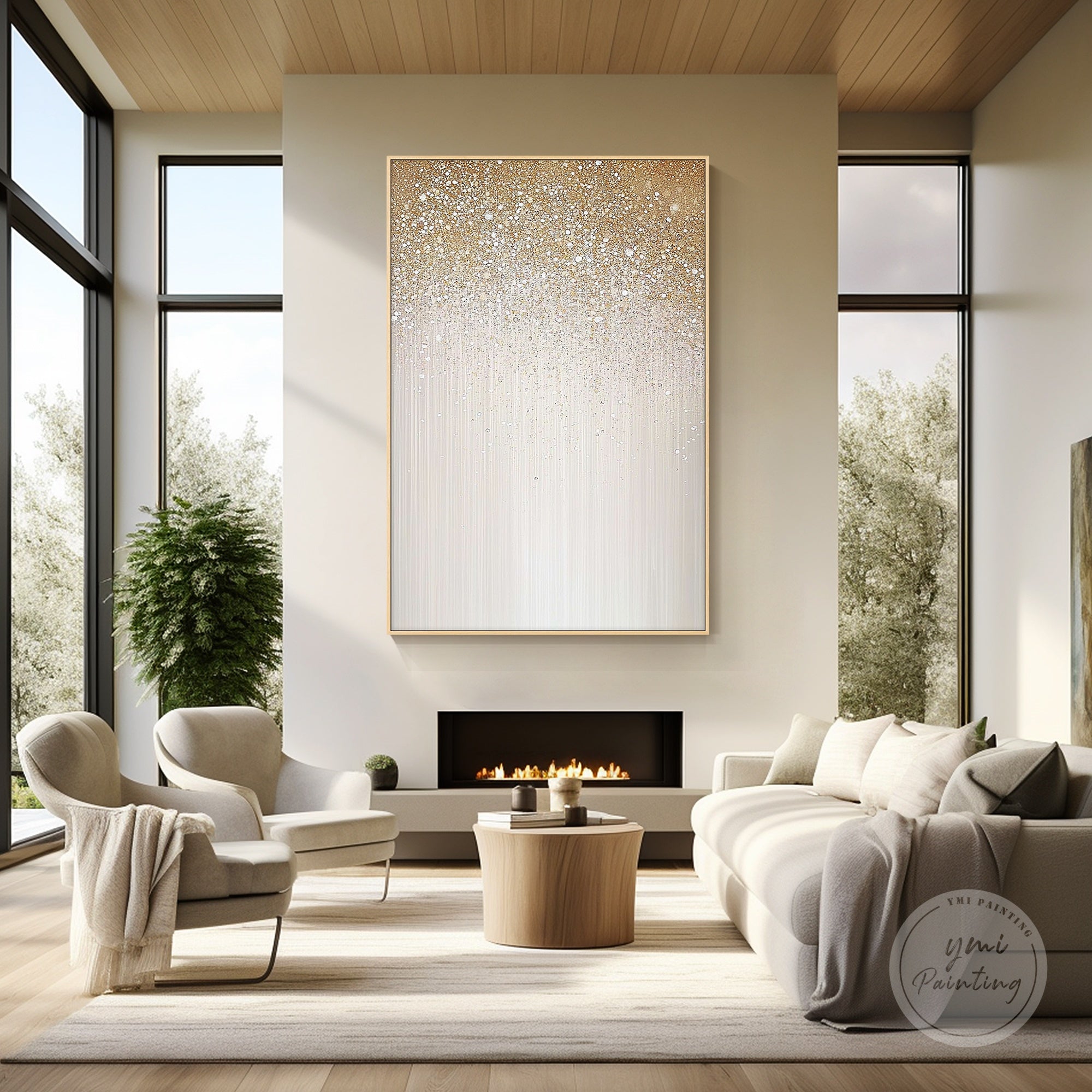 Glam sparkle wall art with shimmering textures, ideal for living room decor.