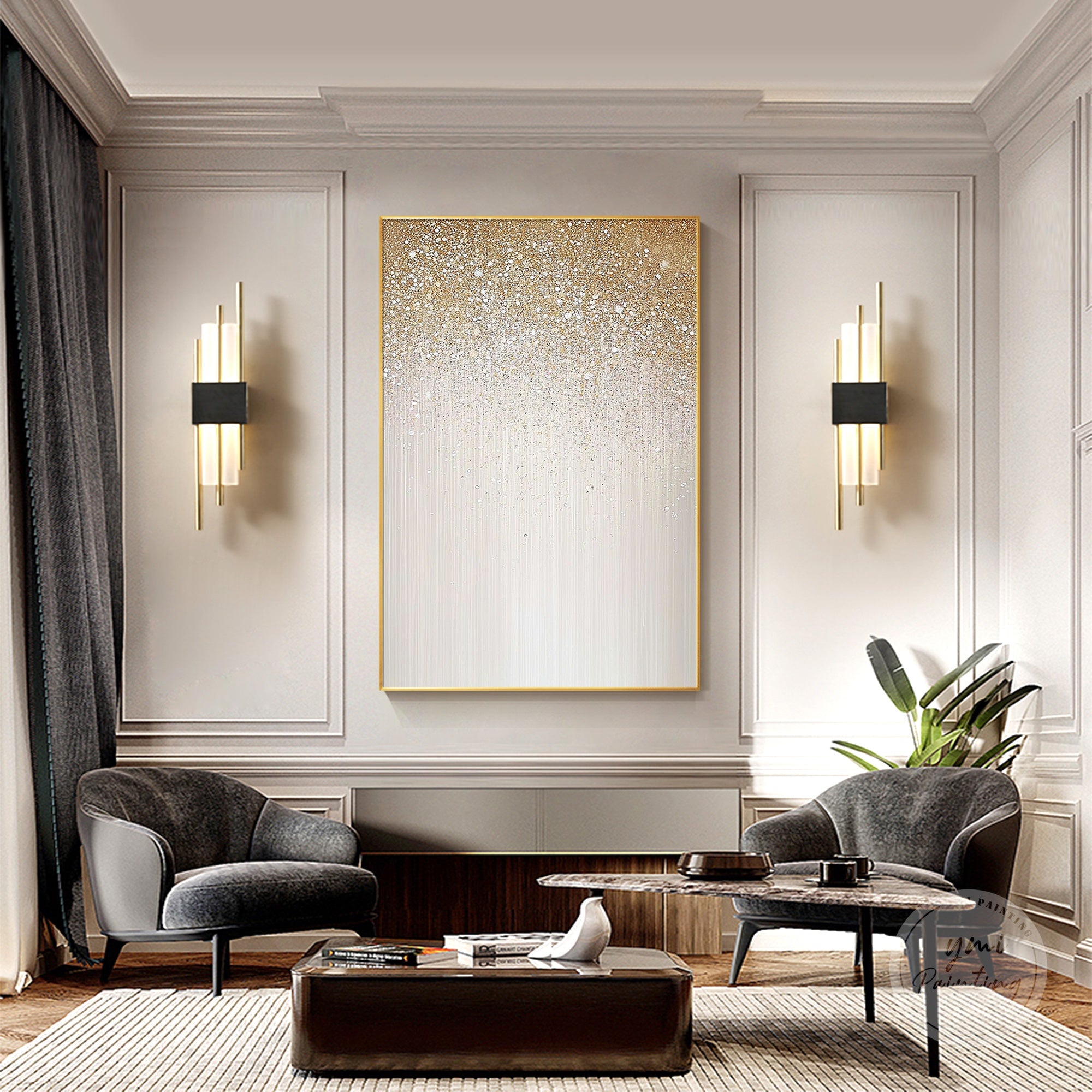 Glitter painting featuring sparkling gold highlights, perfect for modern glam rooms.