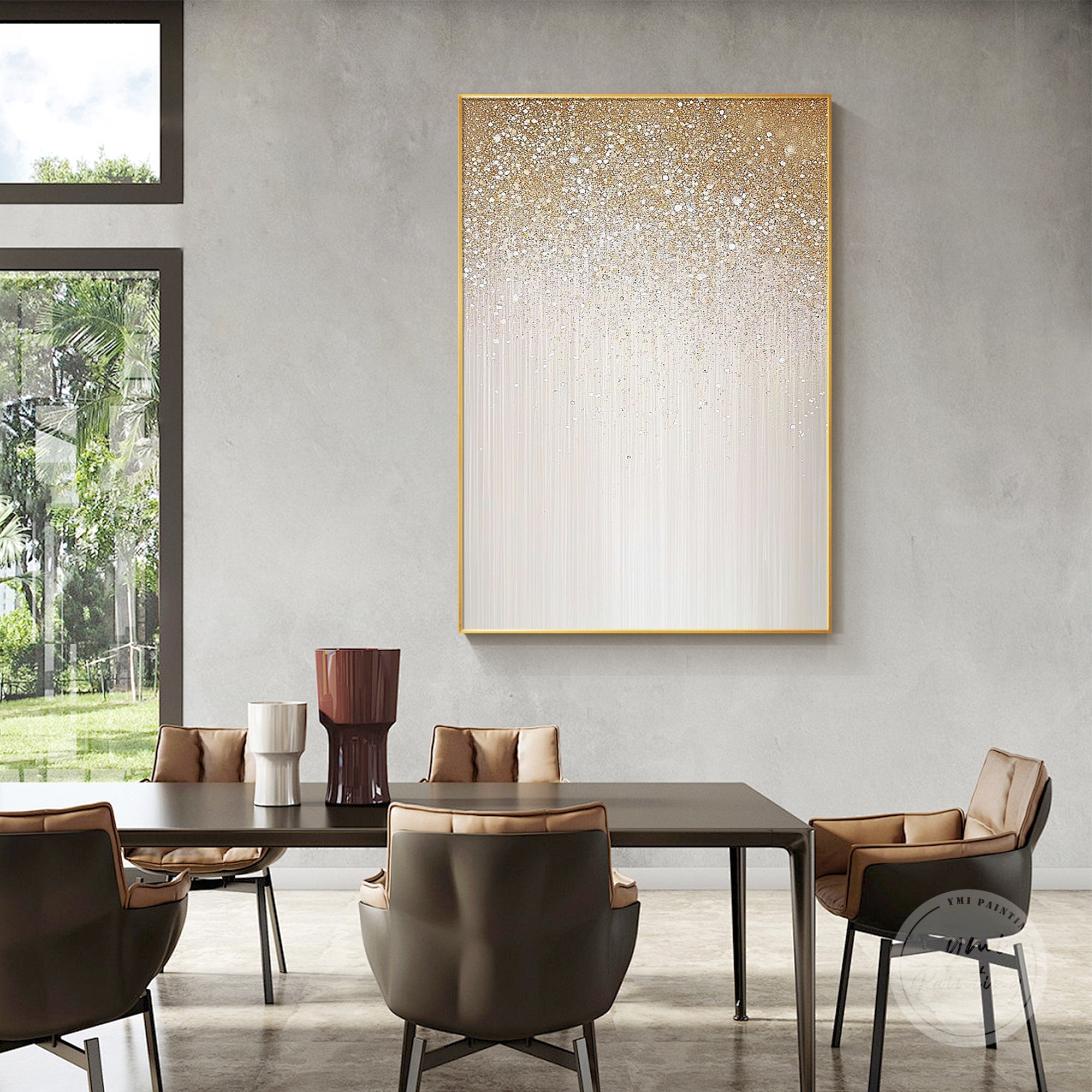 Elegant glitter canvas art with shimmering beige tones, suitable for hallways and entryways.