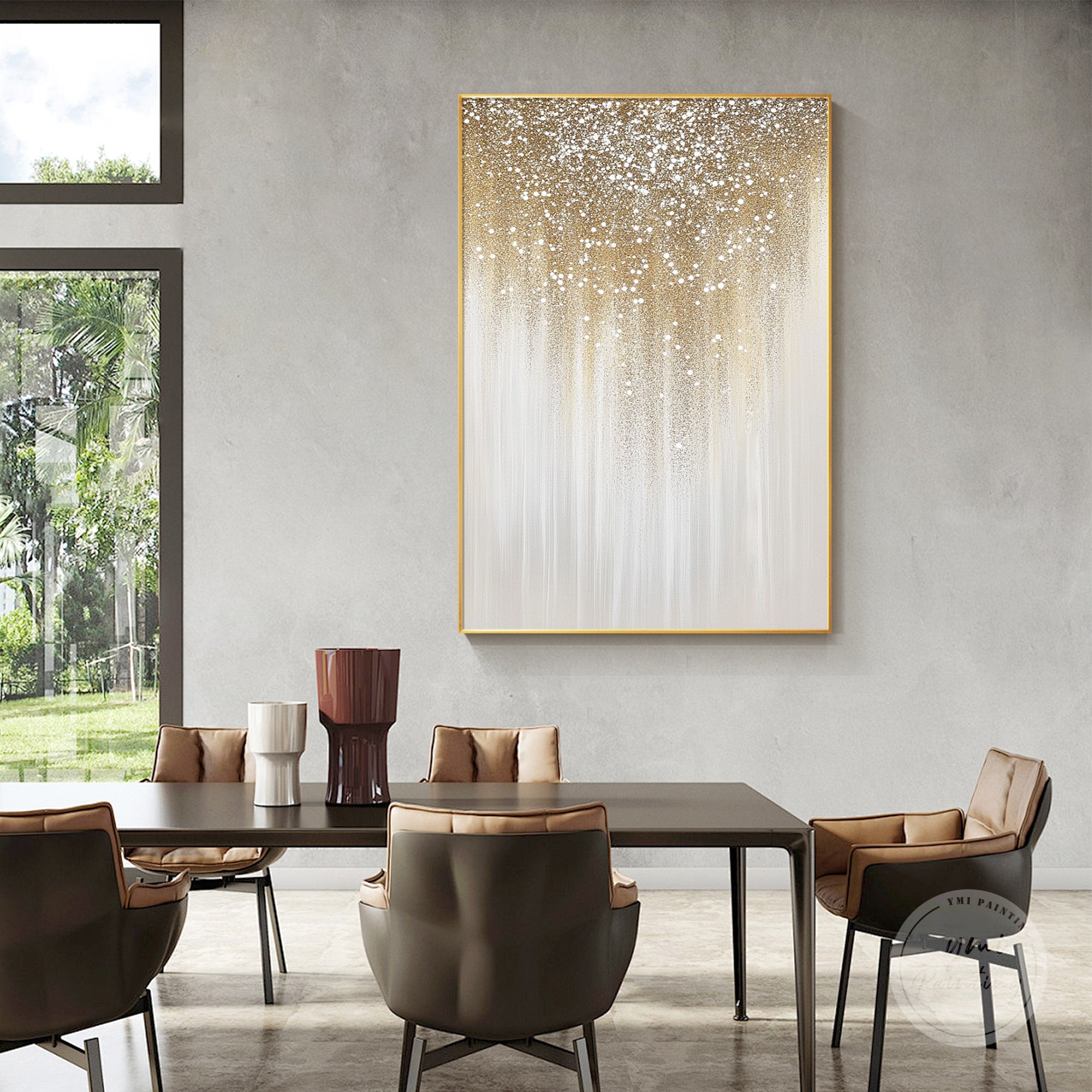 Glam wall art with shimmering beige and gold glitter layers, ideal for luxury wall decor.