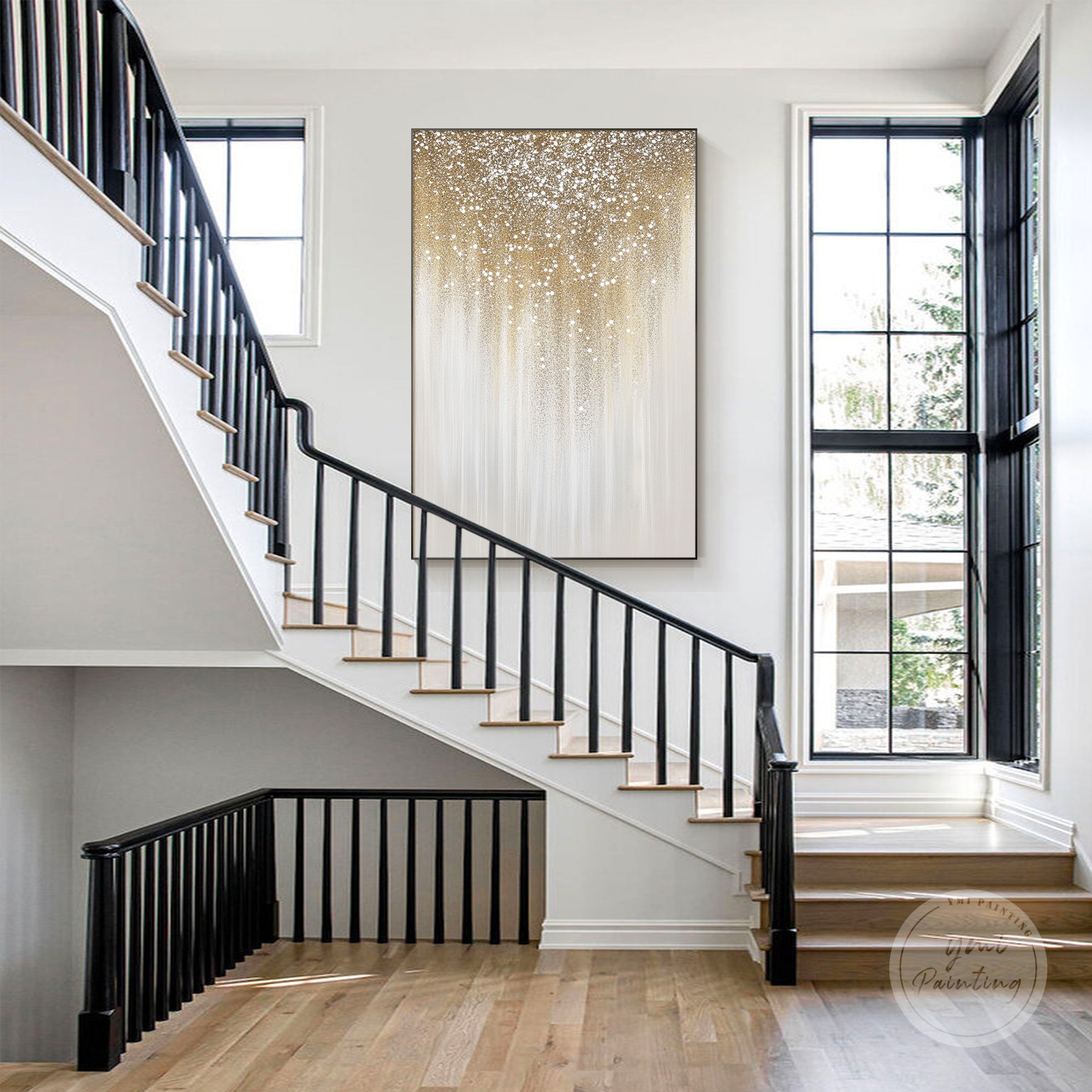 Sparkle wall art featuring abstract gold glitter textures for an elegant, upscale ambiance.