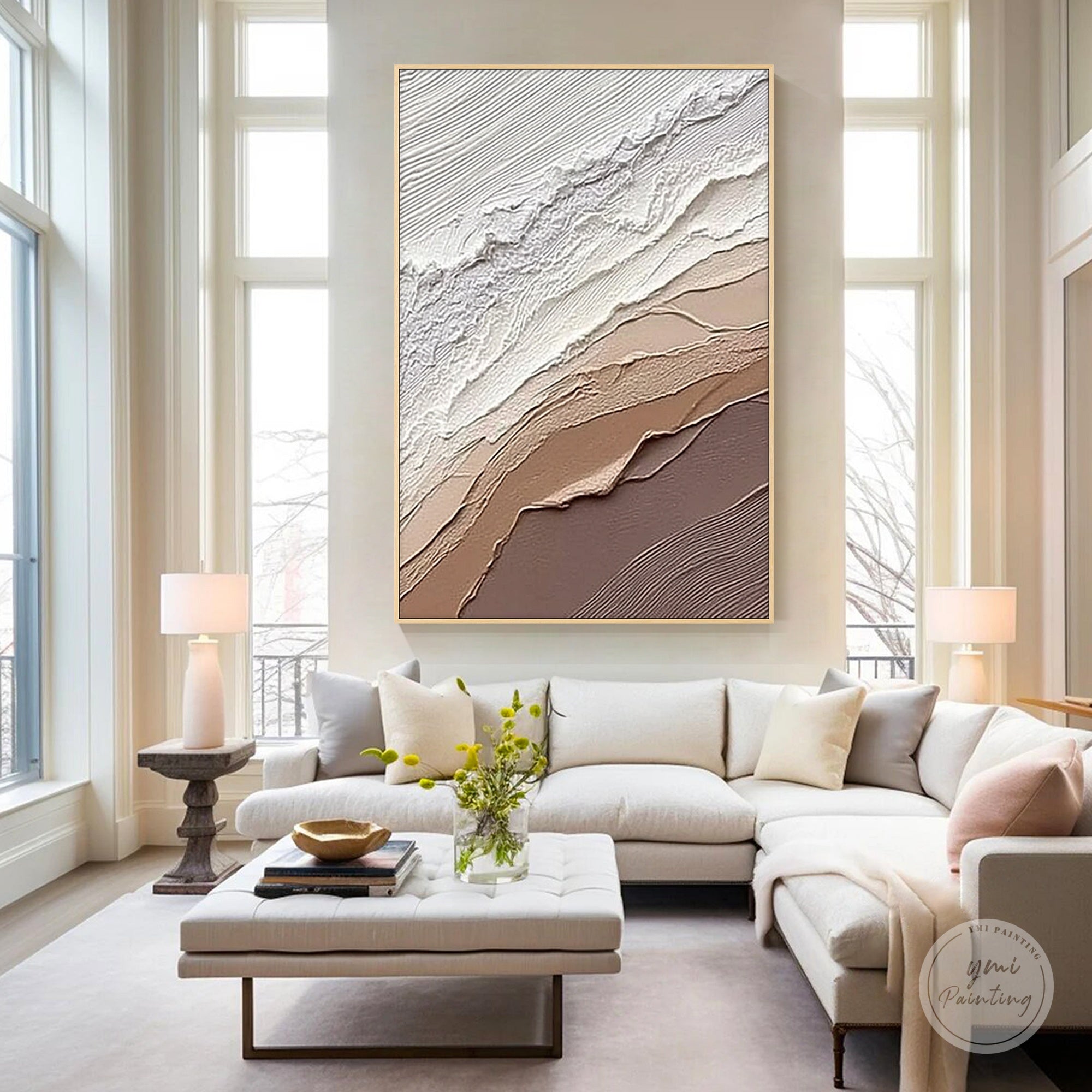 neutral abstract painting with white and brown tones