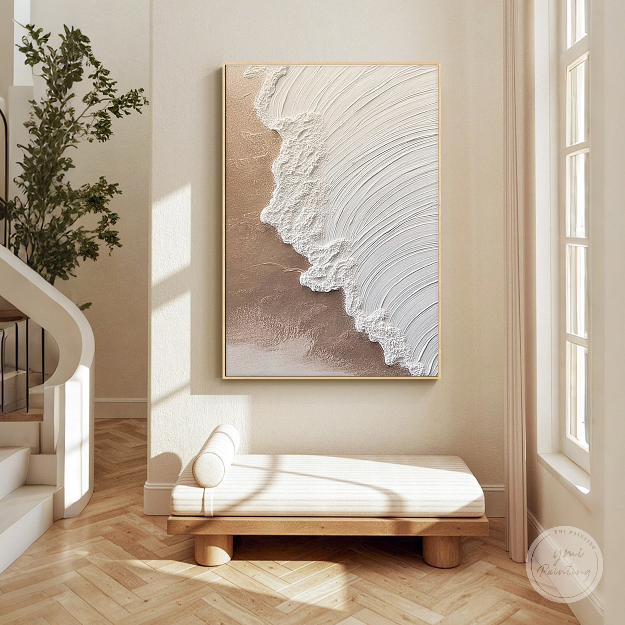 Textured coastal painting with flowing wave design