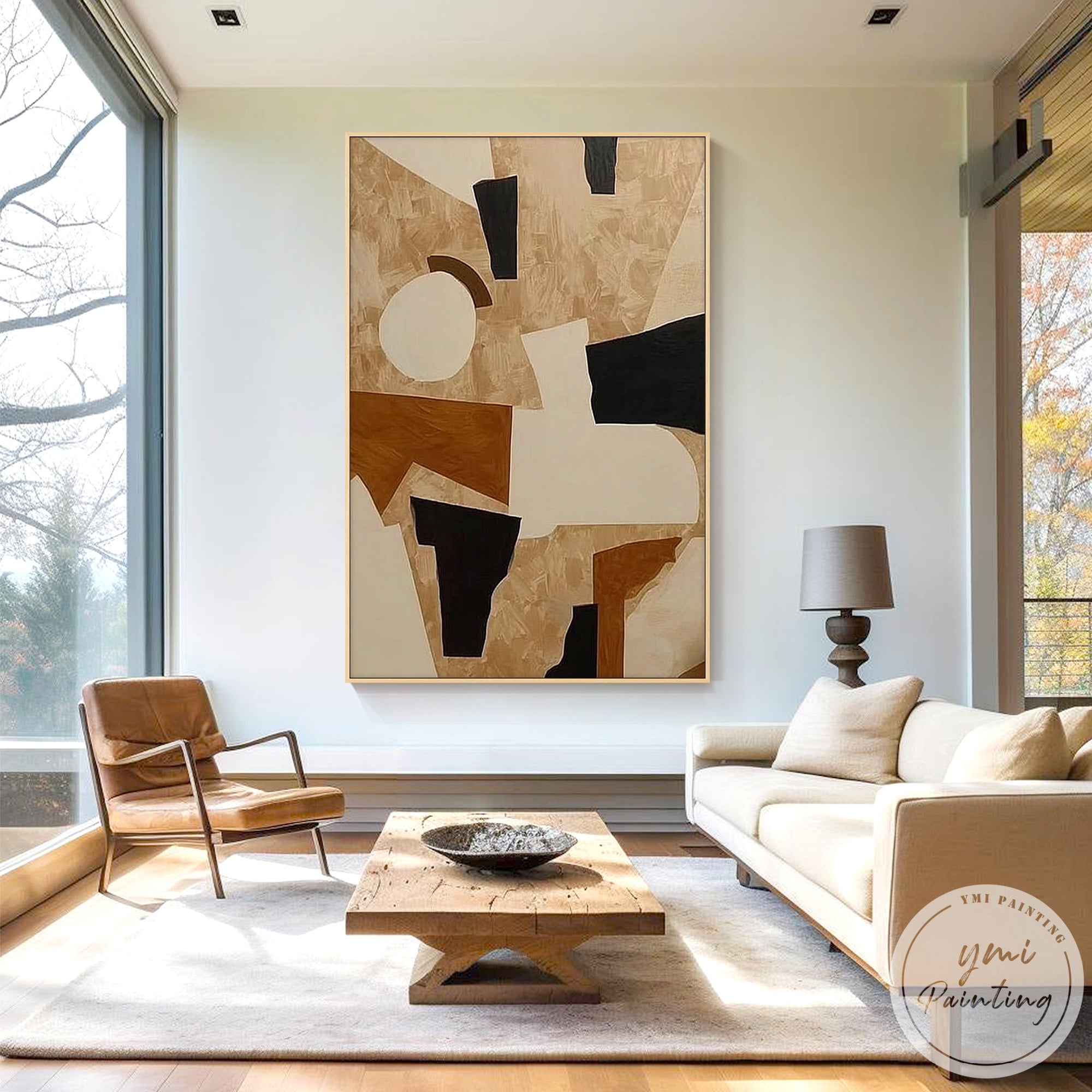 Modern beige brown black abstract shape painting