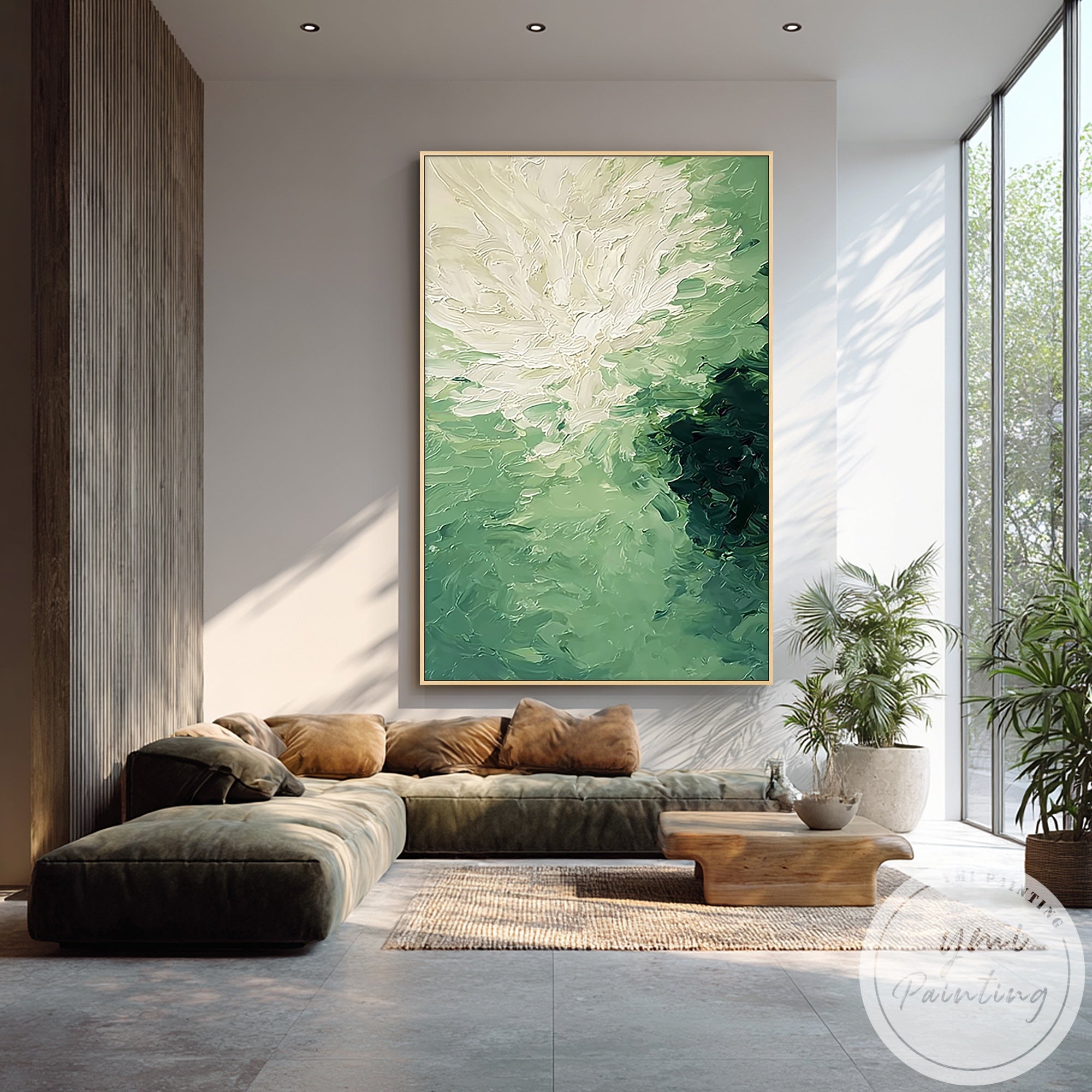 modern abstract canvas painting with layered green texture