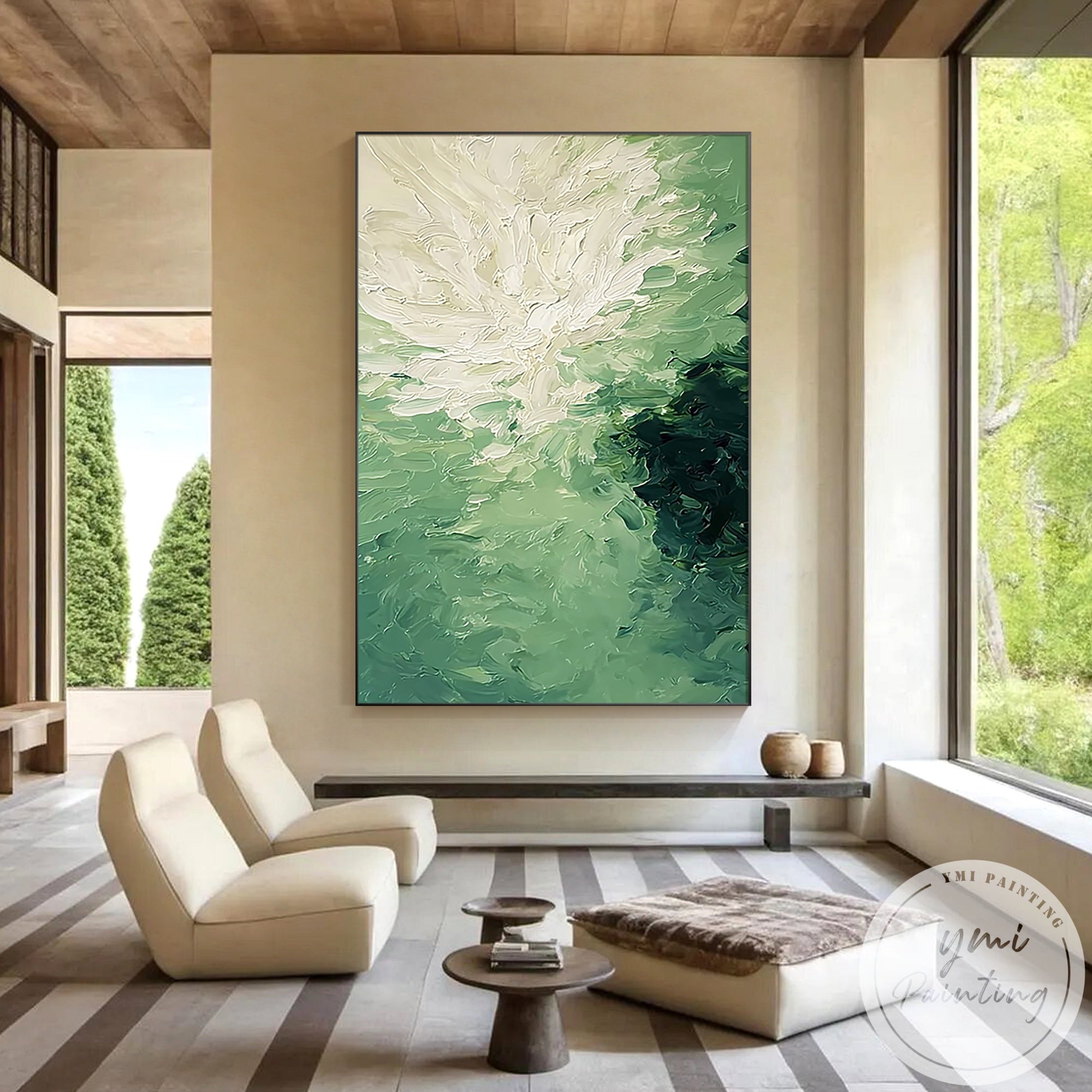 abstract canvas art with soft cream and green layering