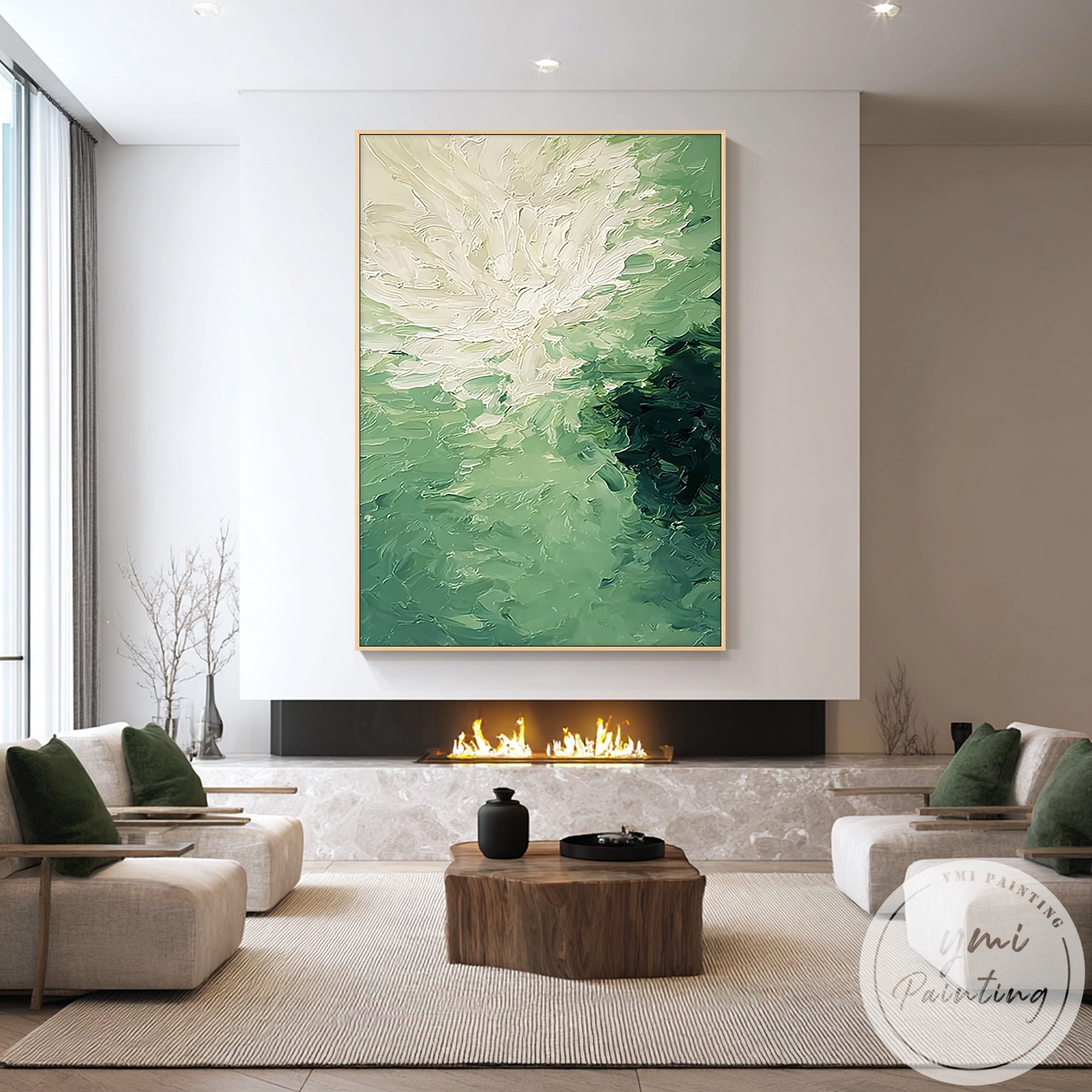 hand painted green abstract artwork with organic brushstrokes
