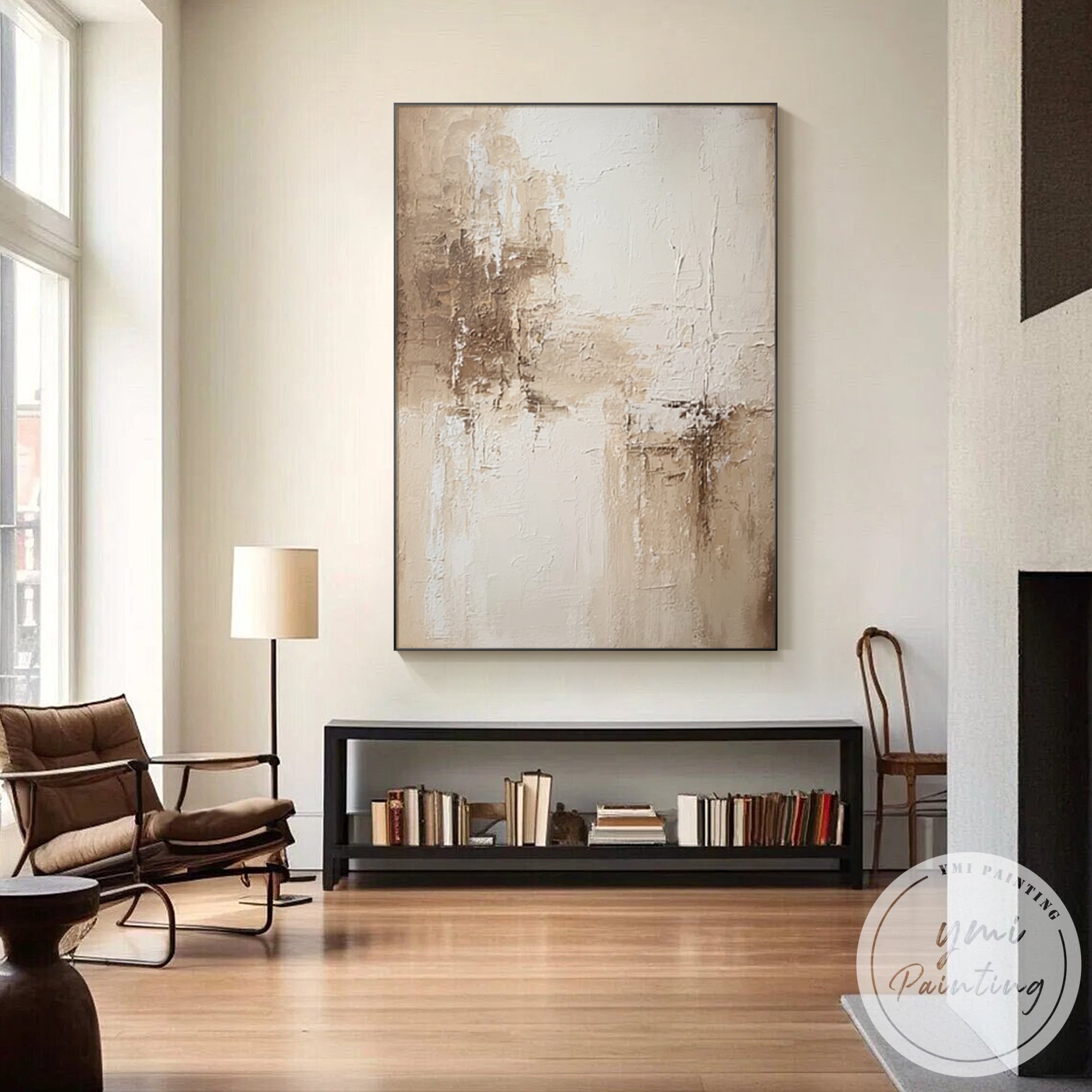 Beige and cream textured canvas painting vertical format