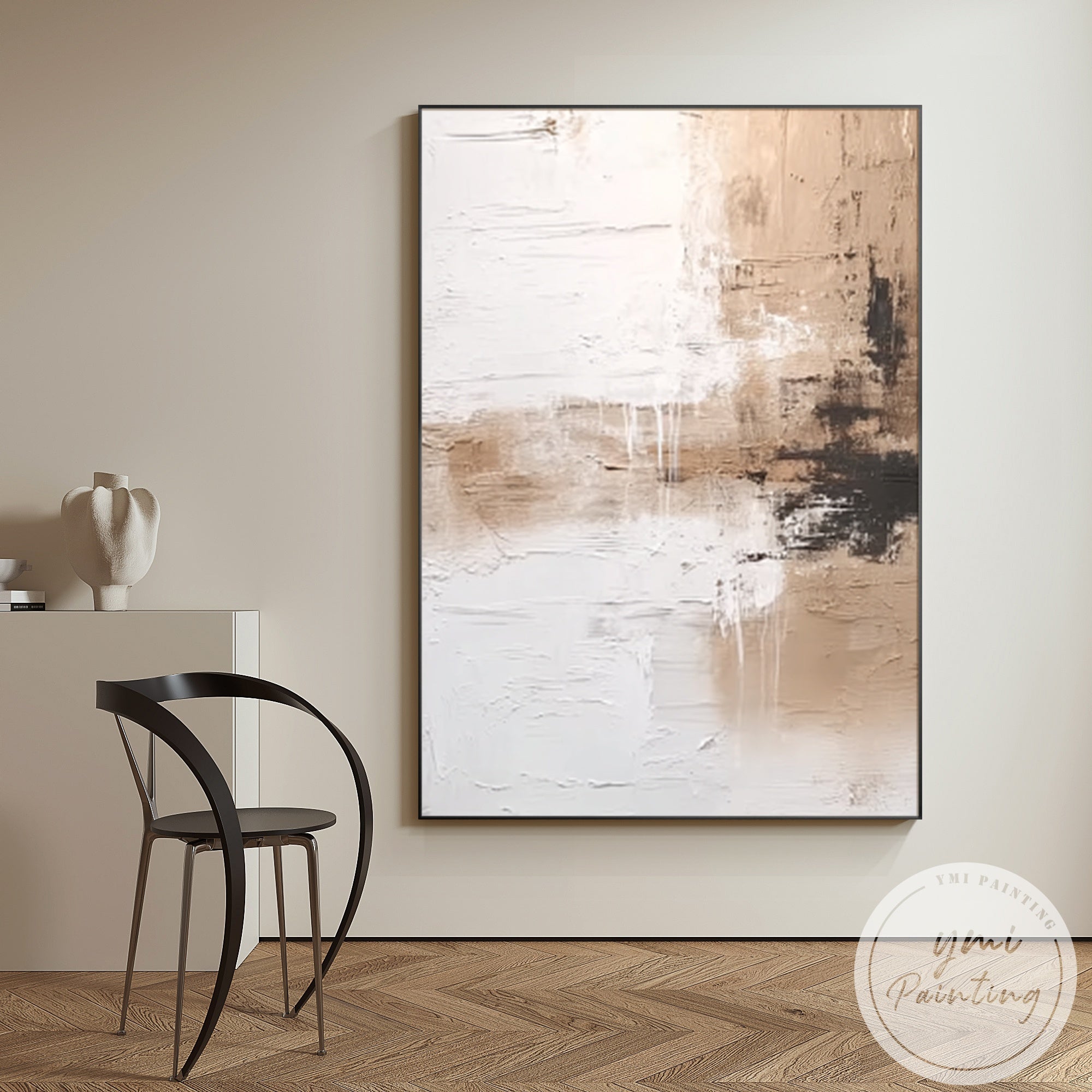 Modern neutral abstract painting with layered brushwork
