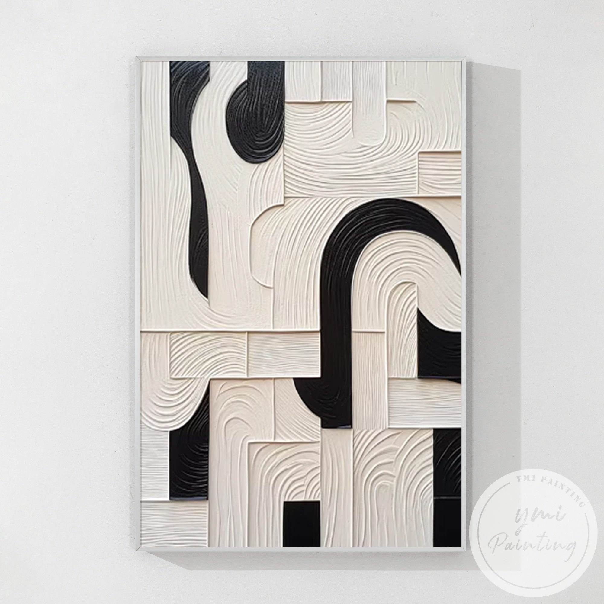 Black white textured abstract painting with geometric shapes