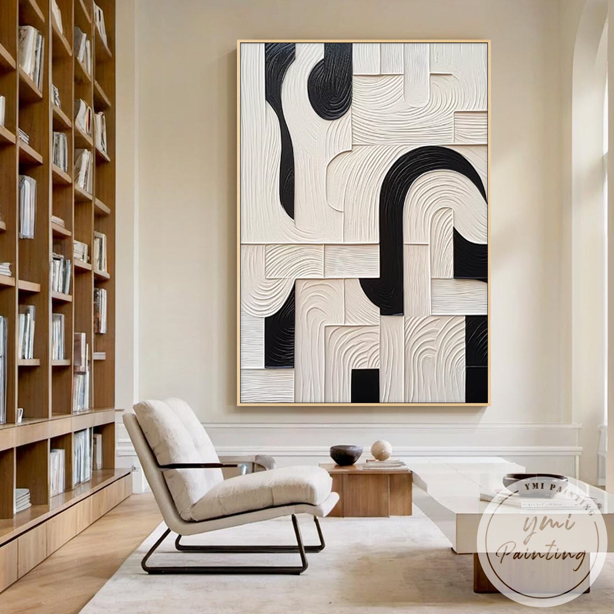 Modern black and white geometric abstract canvas artwork