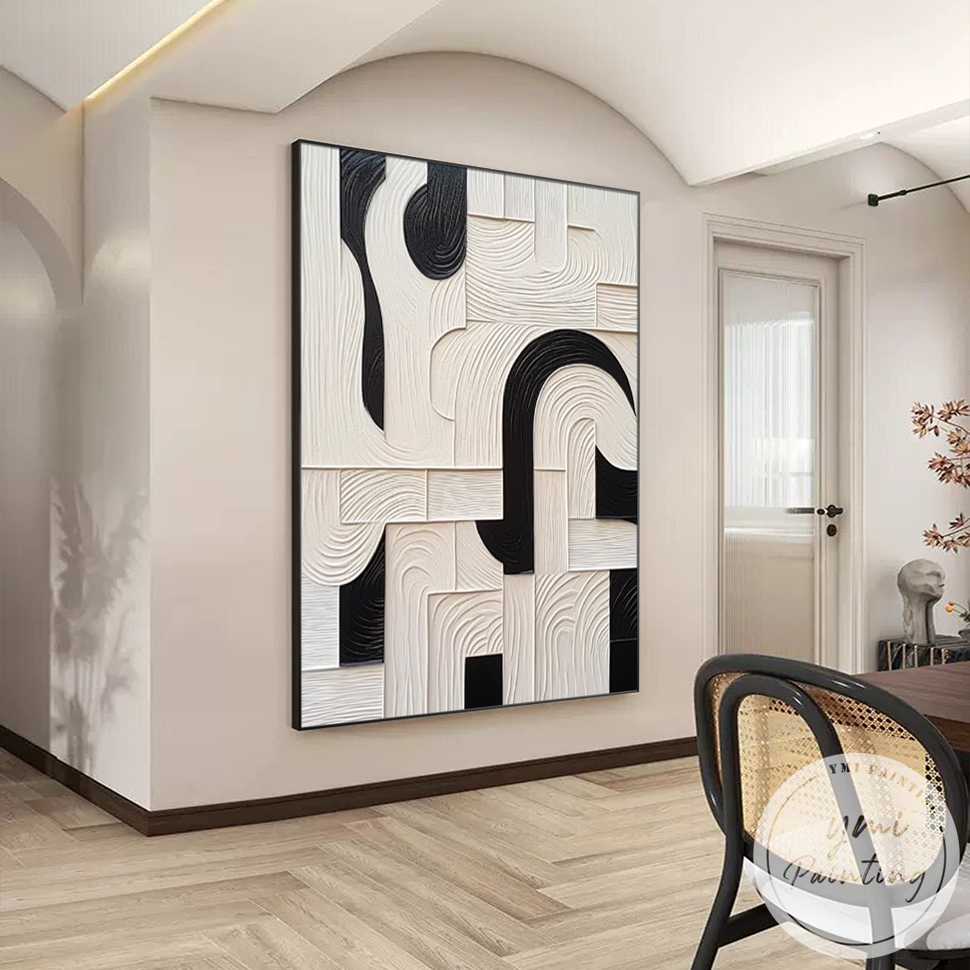 Textured abstract wall art with curved and linear patterns