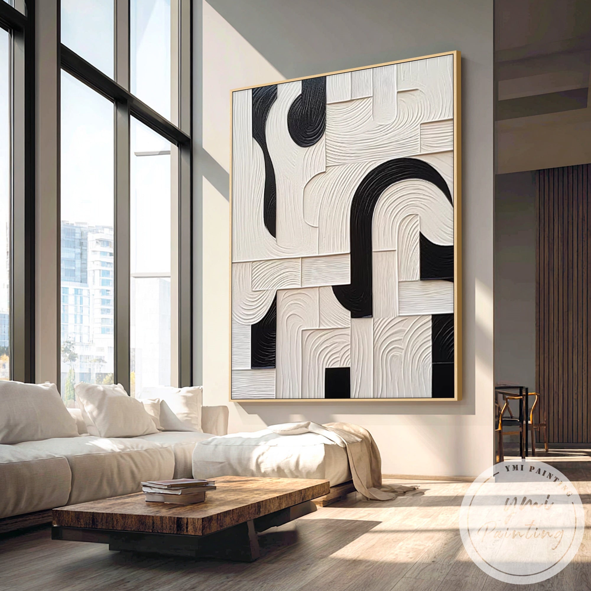 Vertical geometric abstract wall art black and white