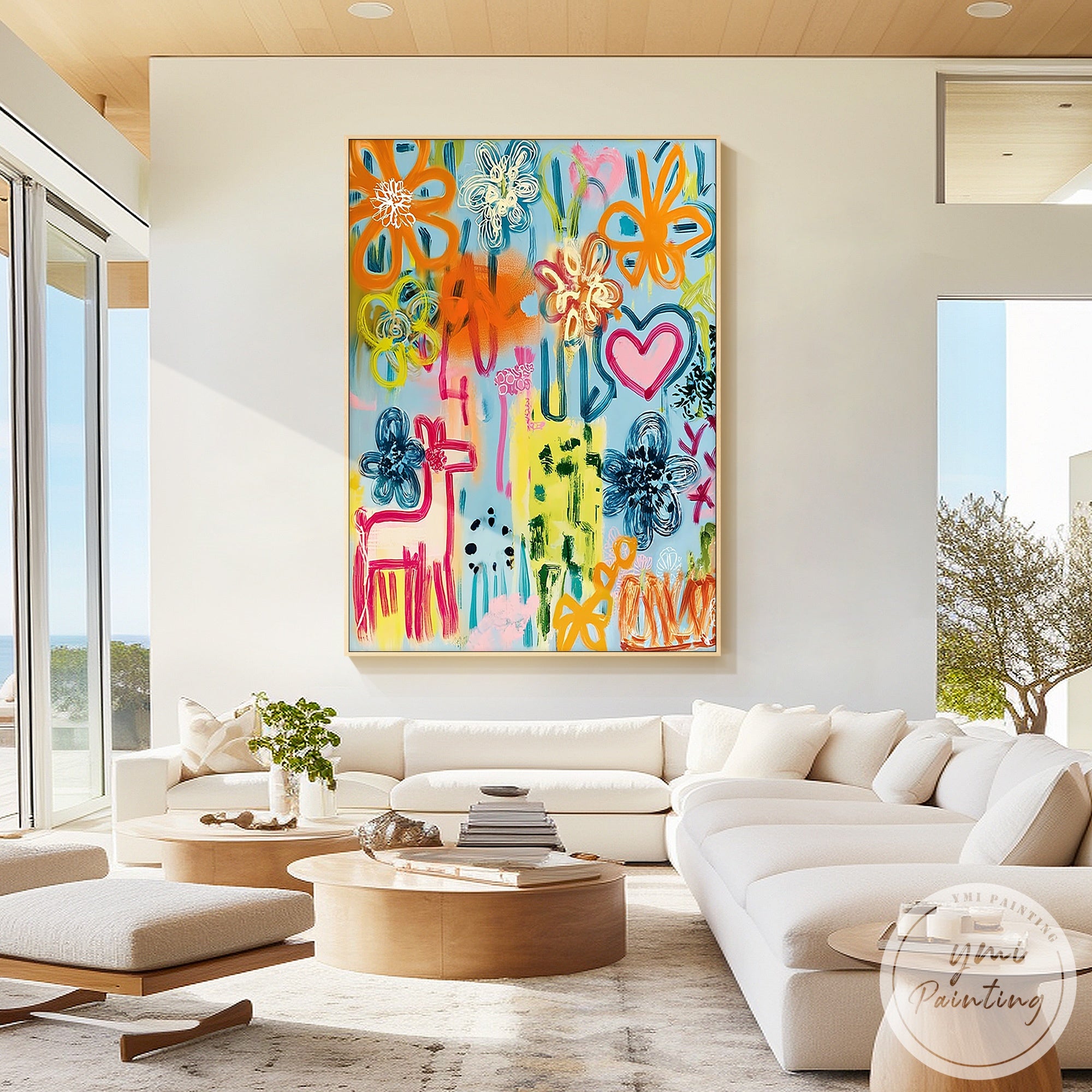 Vibrant abstract artwork with playful hearts and flowers