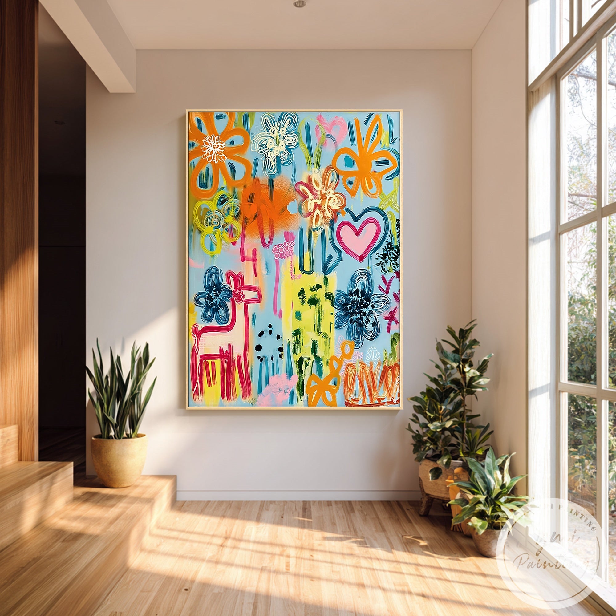 Bold colorful canvas art with flowers and hearts