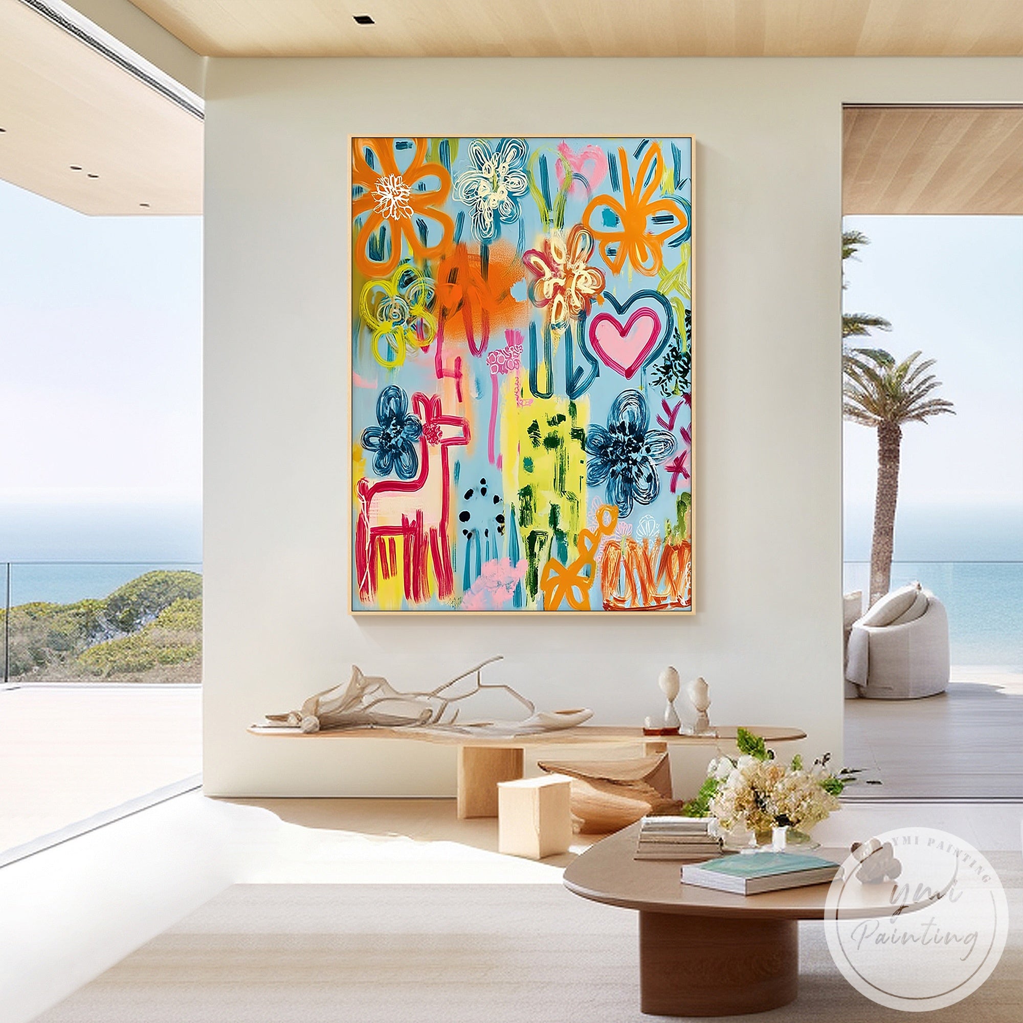 Bright geometric abstract painting with whimsical doodles