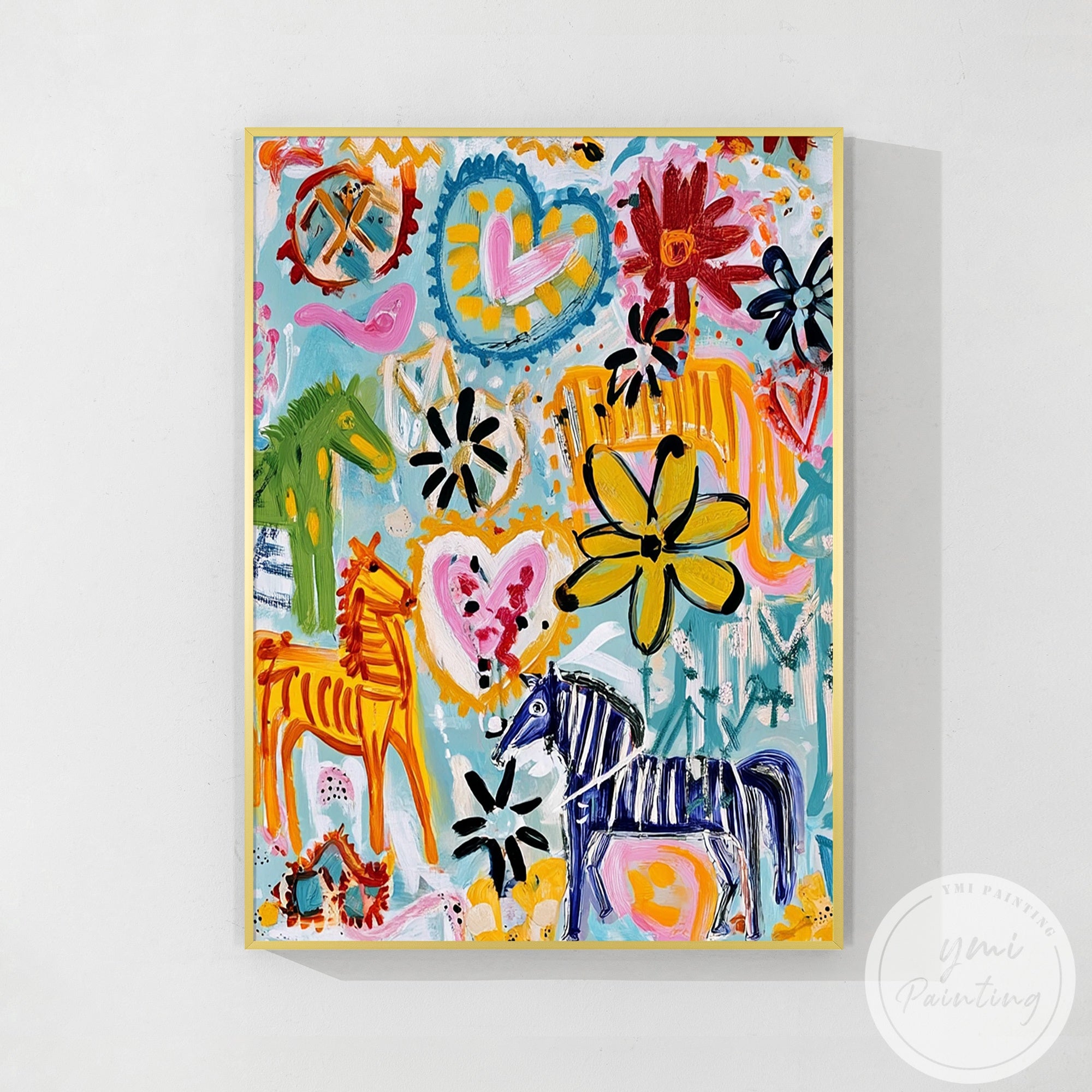 Colorful modern canvas art with playful figures and flowers