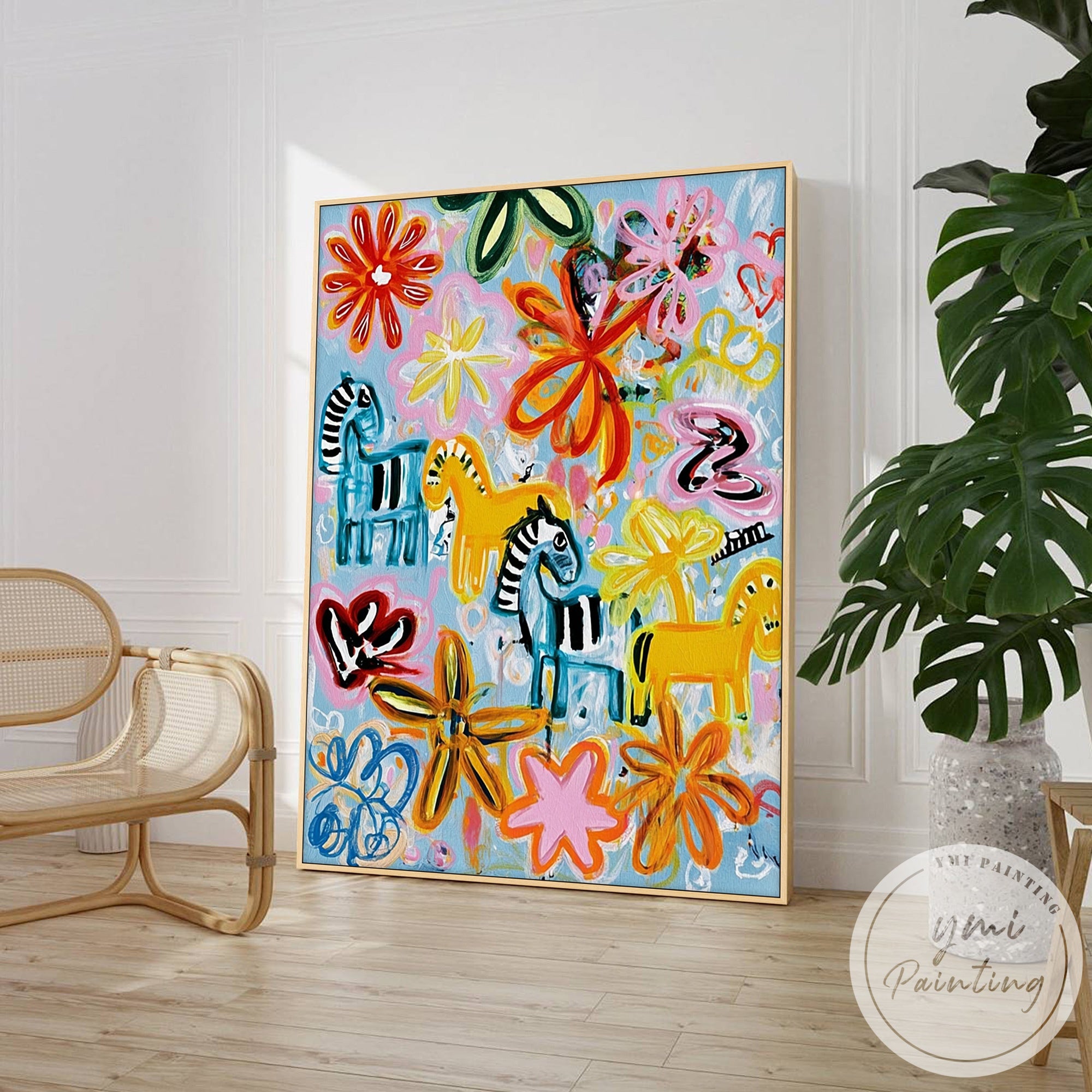 Bright and playful zebras with flowers in a hand-painted canvas