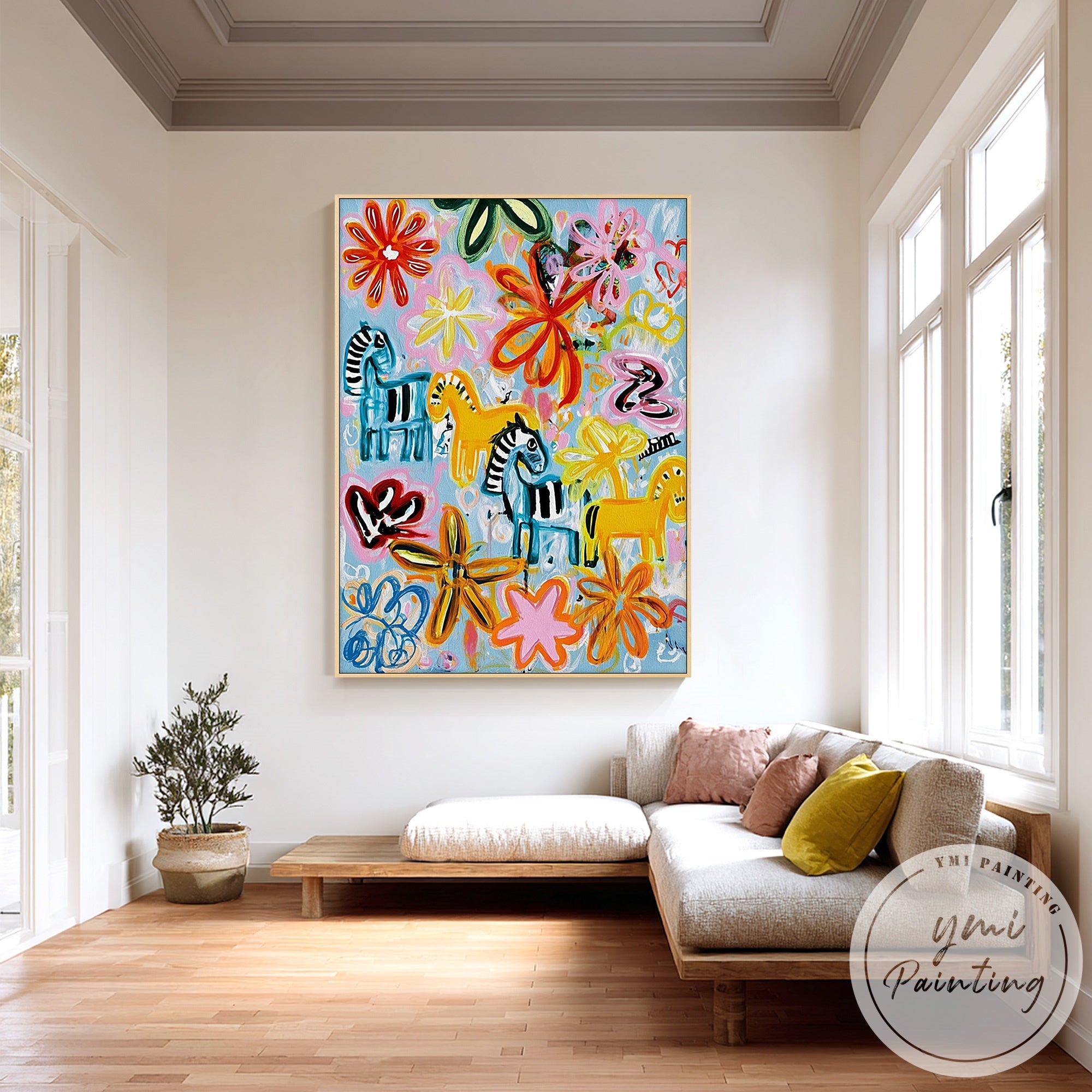 Fun and energetic abstract painting with horses and flowers