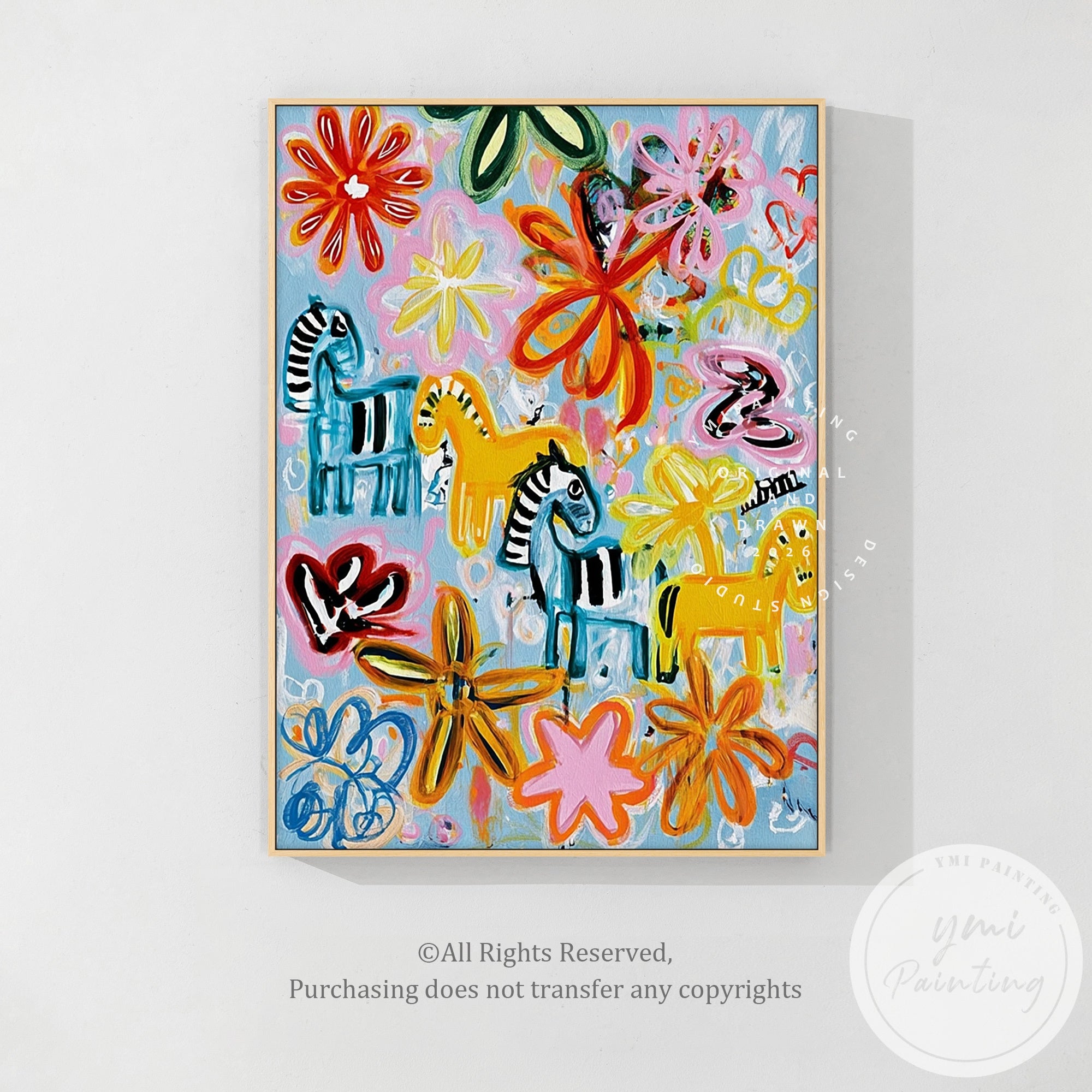 Playful hand-painted art with bold colors and whimsical shapes