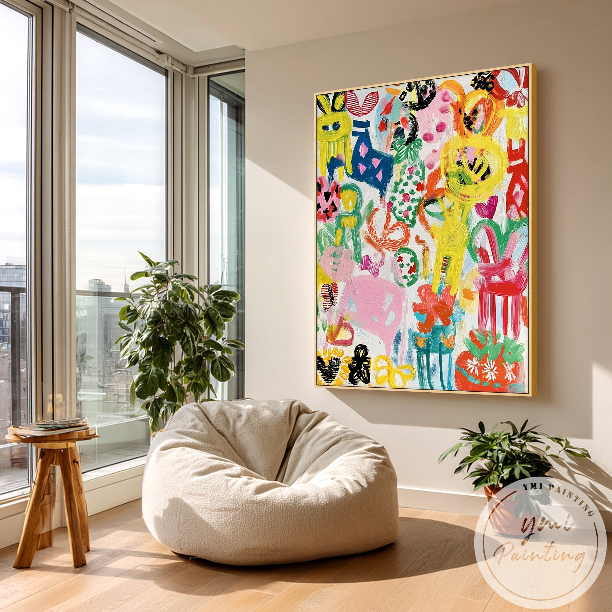 Vibrant painting with playful brushstrokes and patterns