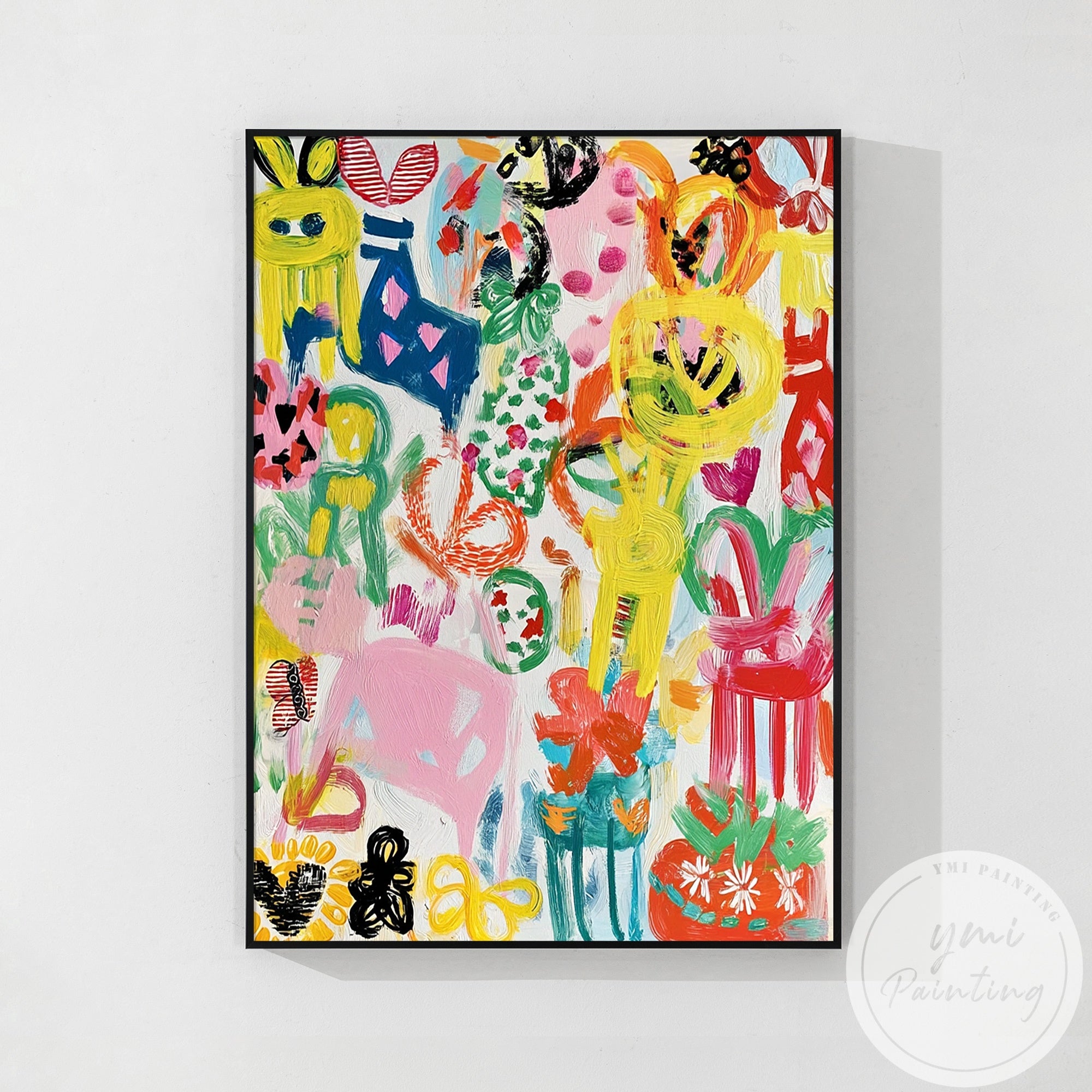 Large abstract artwork with geometric and floral patterns