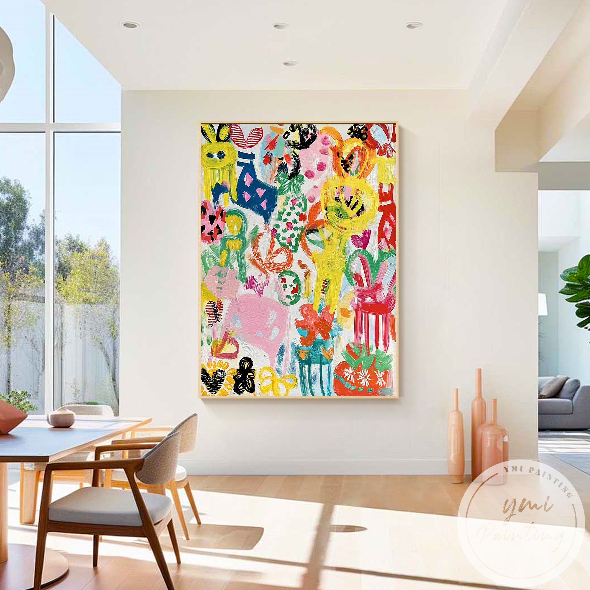 Large vertical colorful abstract floral canvas