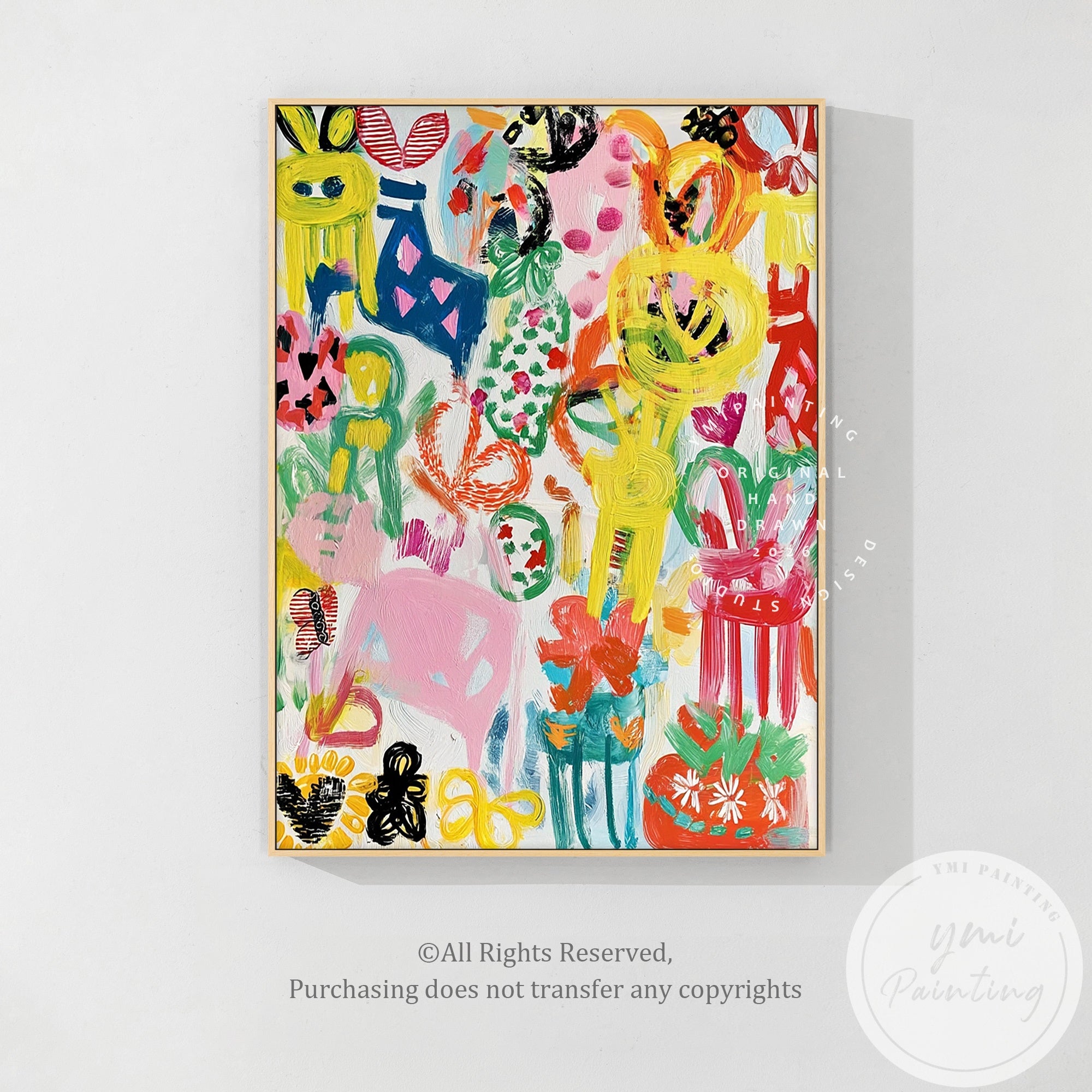 Eclectic abstract painting with vivid hues and geometric shapes