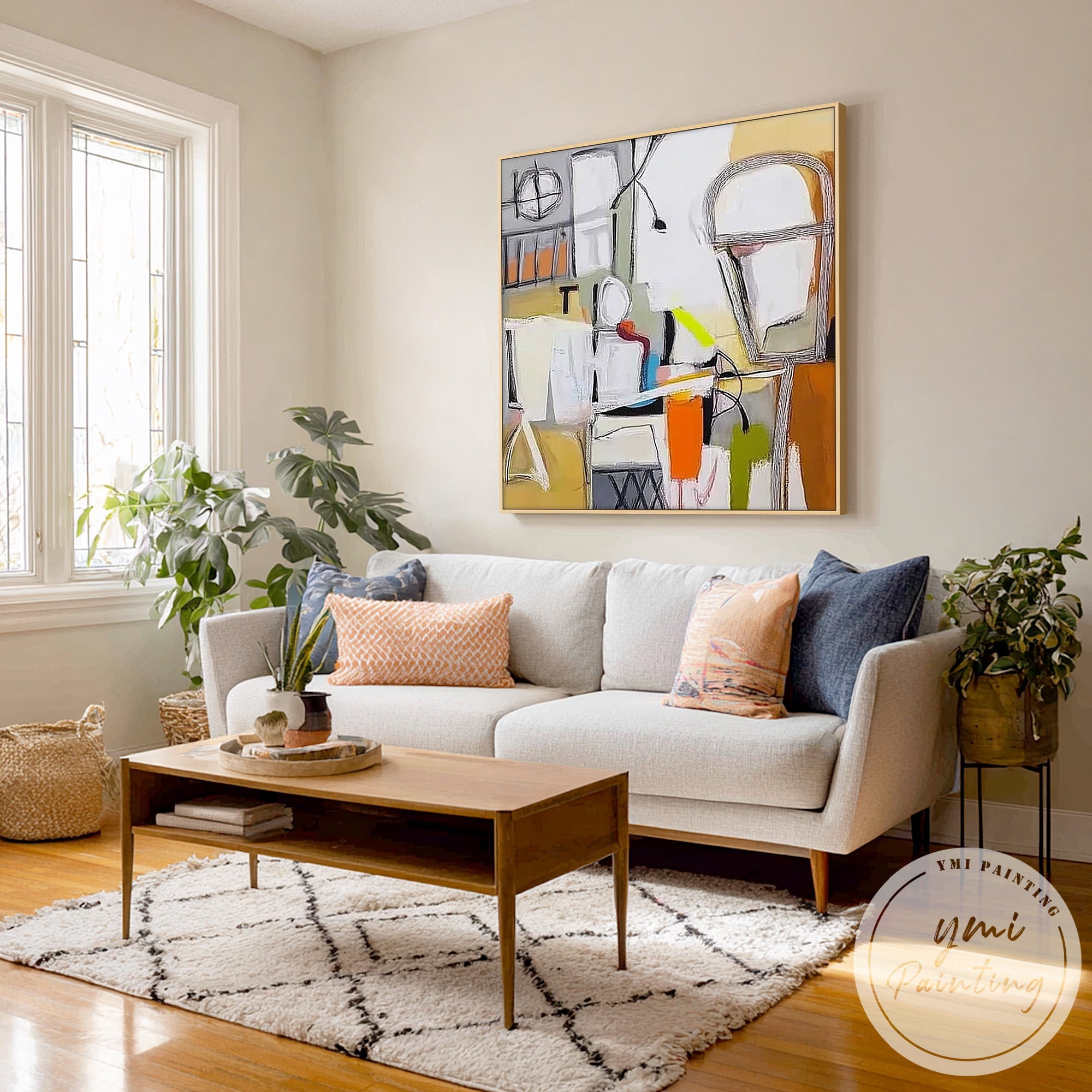 Vibrant yellow and orange abstract painting with grey accents